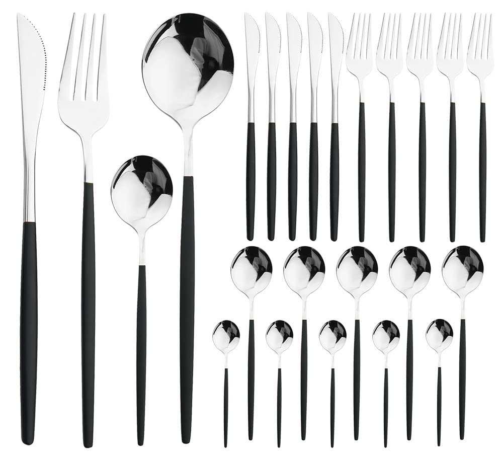 24-Piece Stainless Steel Silverware Flatware Set - Knife, Fork & Spoon Cutlery for Dinner, Kitchen & Wedding (Black/Silver) | Elegant Tableware for Fine Dining, Entertaining & Special Occasions
