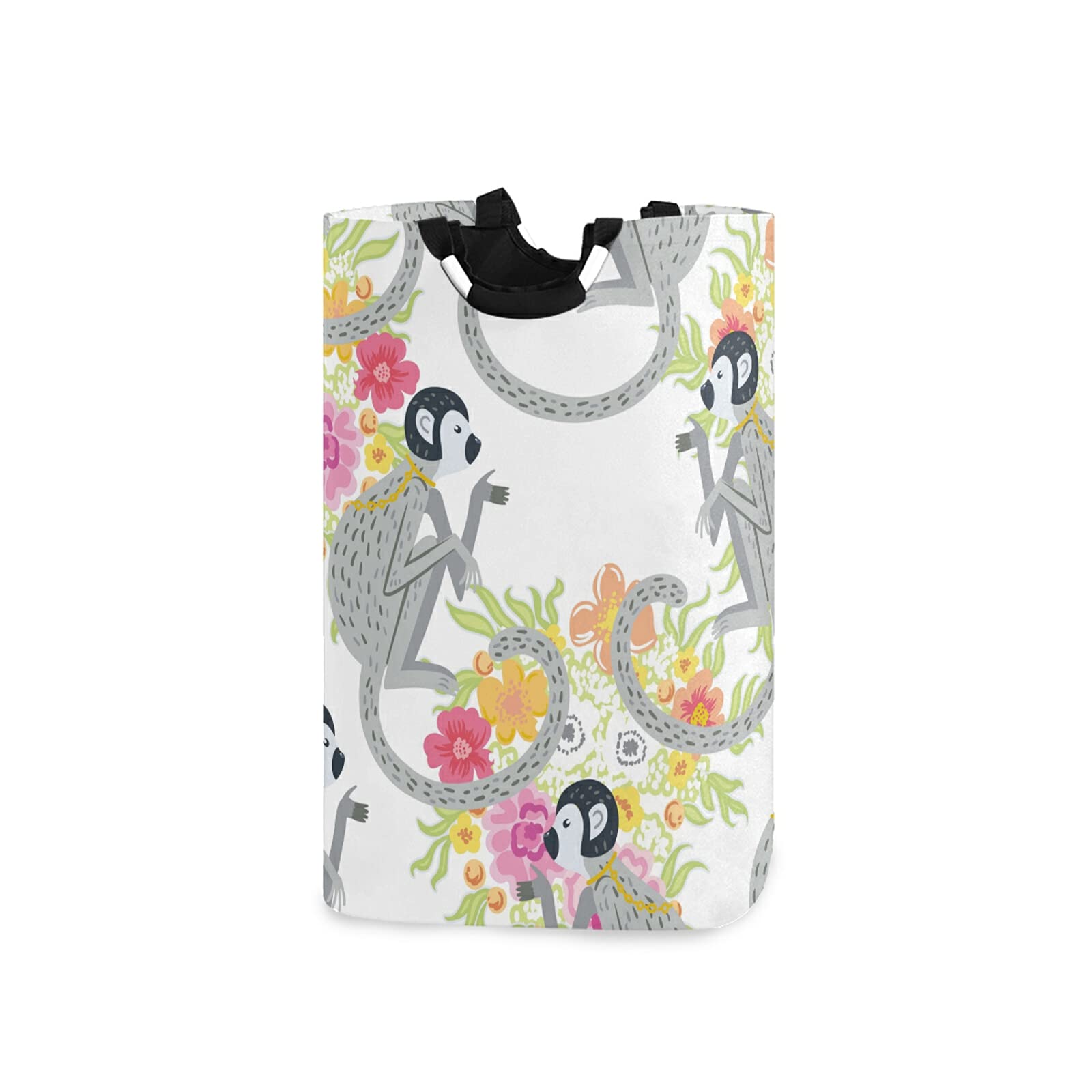 Susiyo Monkey with Flowers Chinoiserie Style Laundry Basket - Large Collapsible Storage Hamper with Thick Handles for Bathroom, Dorm, Nursery | Perfect for Organizing Toys, Clothes & Linens