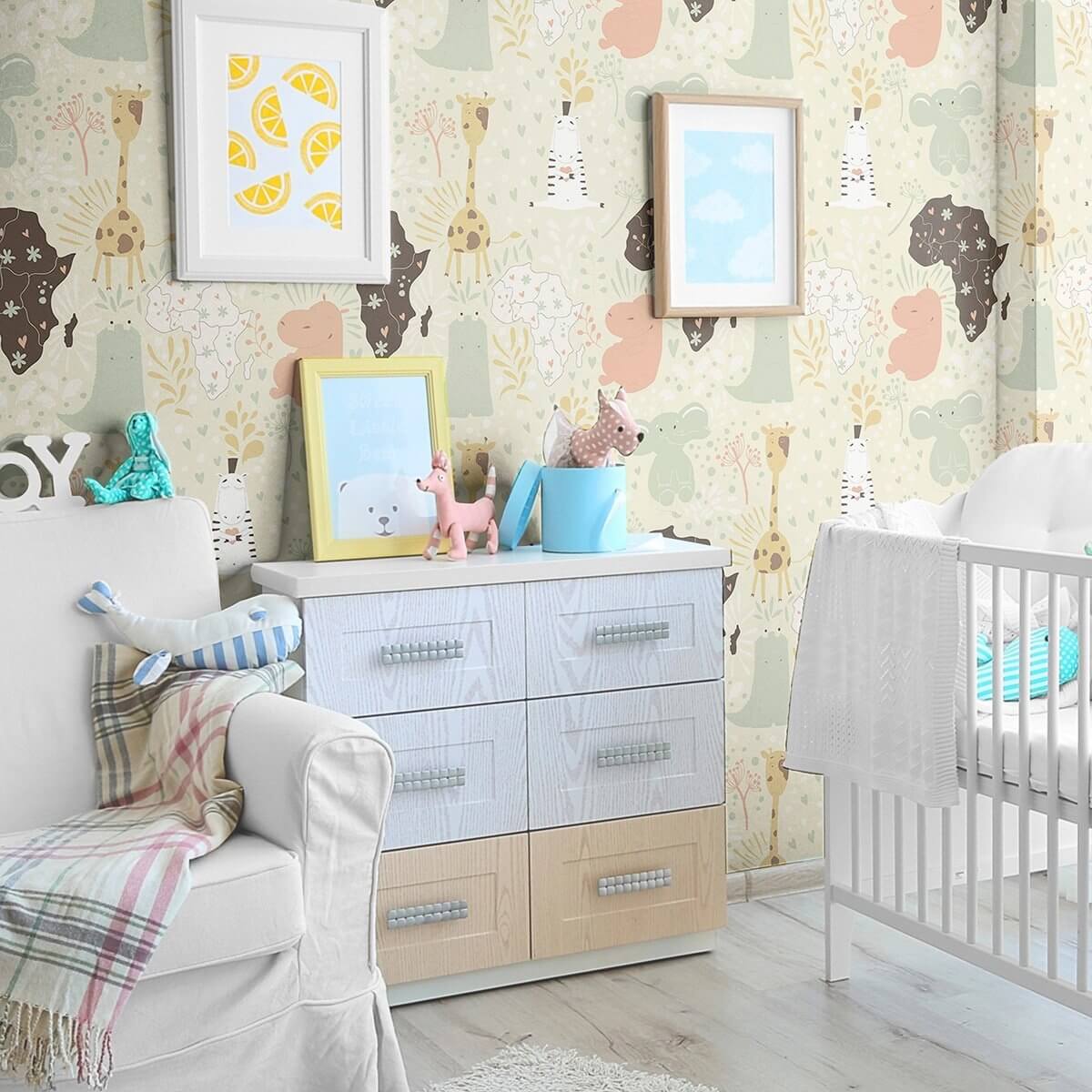 Pink and Green Animals Baby Peel and Stick Removable Wallpaper - Self-Adhesive Nursery Decor for Kids Room, Bedroom, Playroom