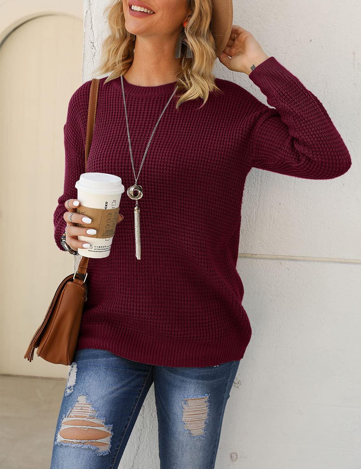MEROKEETY Women's 2024 Long Sleeve Waffle Knit Sweater - Crew Neck Solid Color Pullover Jumper Tops for Fall & Winter | Casual Office Wear & Cozy Home Outfits