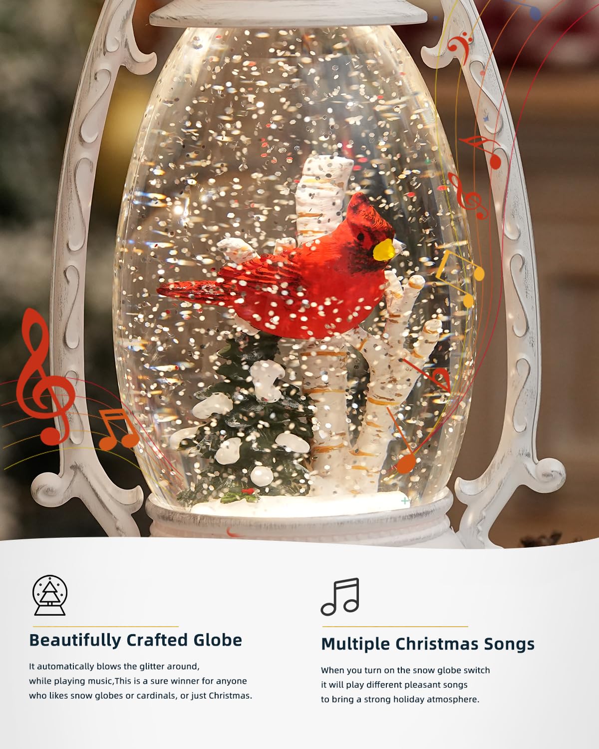 12.6 Inch Large Cardinal Snow Globe with LED Lights - Musical Christmas Snow Globe with Timer & Glitter - Holiday Decor for Home, Office, or Gift (Perfect for Mantel, Tabletop, or Christmas Tree Display)