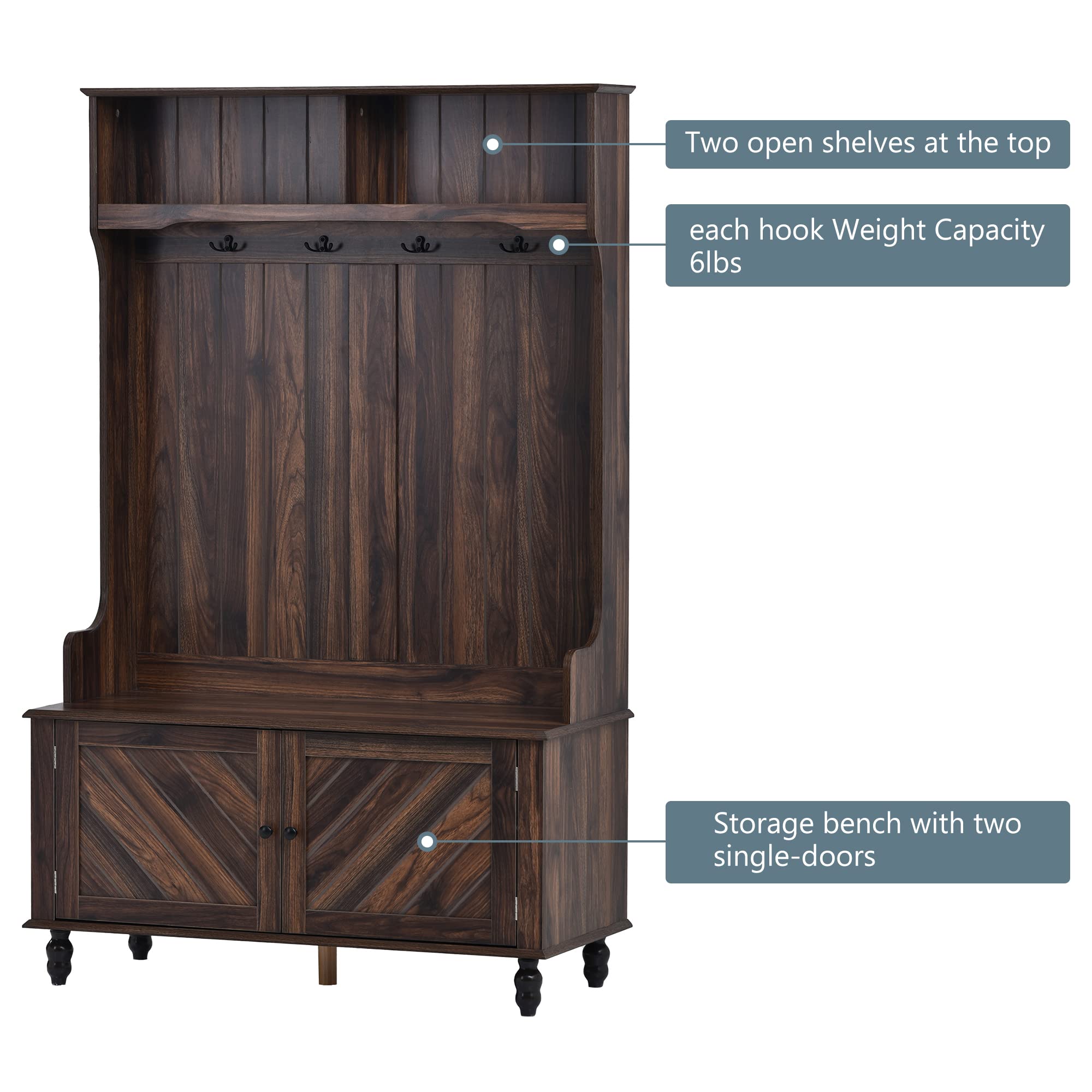 **3-in-1 Entryway Hall Tree with Storage Bench & Coat Hanger – 2 Door Cabinets, 4 Hooks & Shelves – Perfect for Mudroom, Living Room, or Hallway Organization – Brown**    *(Use Case: Ideal for storing coats, shoes, bags, and accessories while keeping your entryway or mudroom tidy and stylish.)*