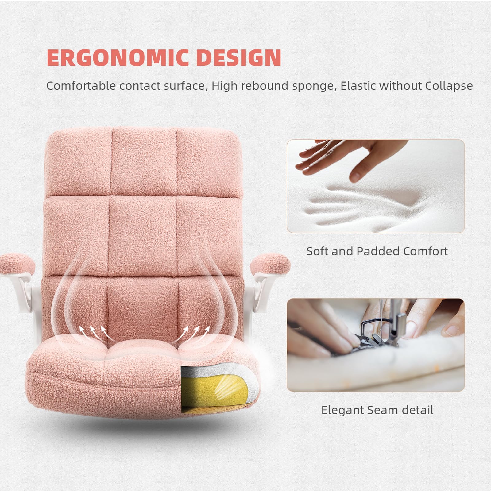 Ergonomic Pink Office Chair with Flip-Up Arms - Adjustable Height Rolling Desk Chair with Wheels - Soft Faux Fur Teddy Fleece Material - Perfect for Women's Home Office, Gaming, and Study Spaces