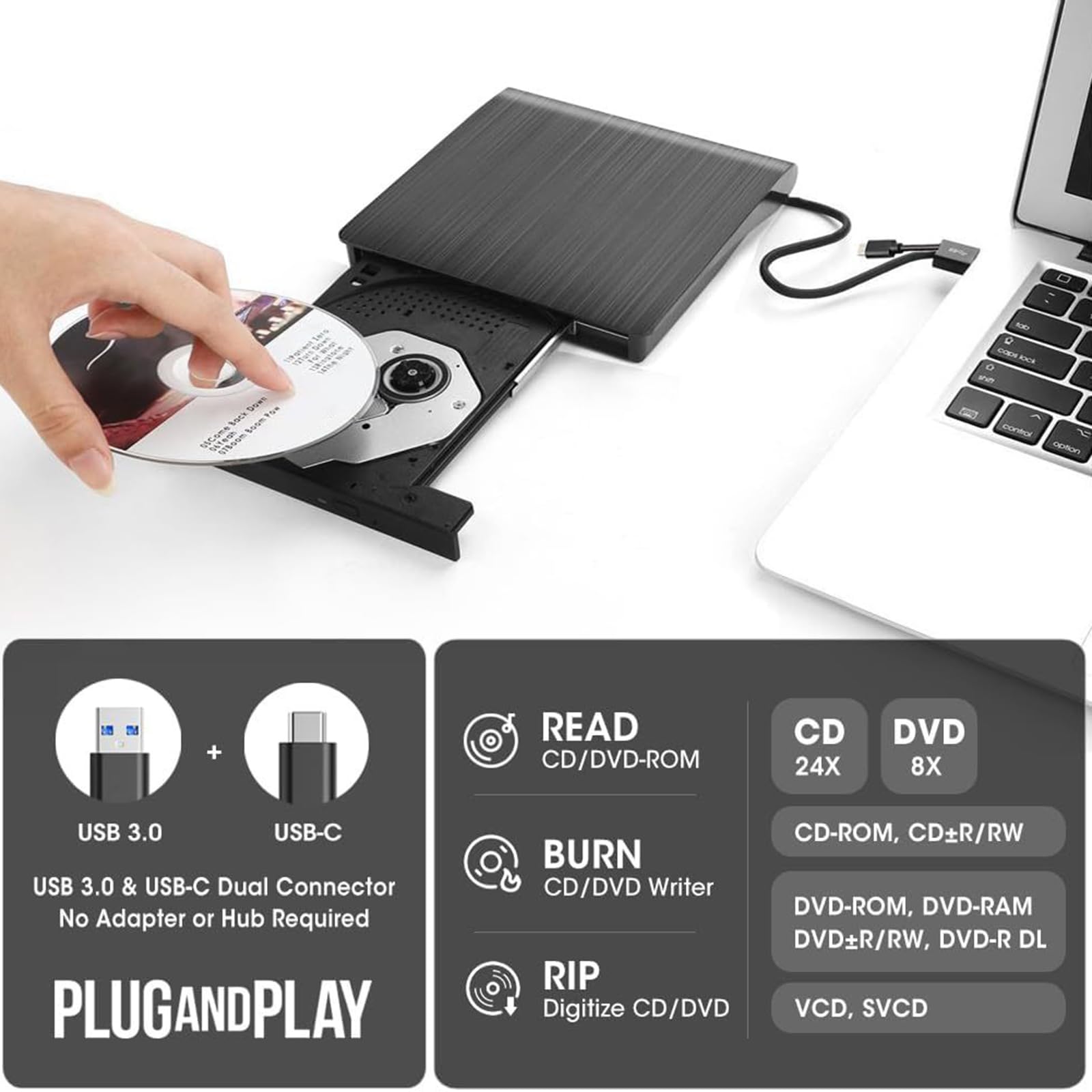 Xchon USB & USB-C Plug and Play Portable Reader/Writer for Laptops & Desktops - Fast Data Transfer for Work, Gaming, and Multimedia