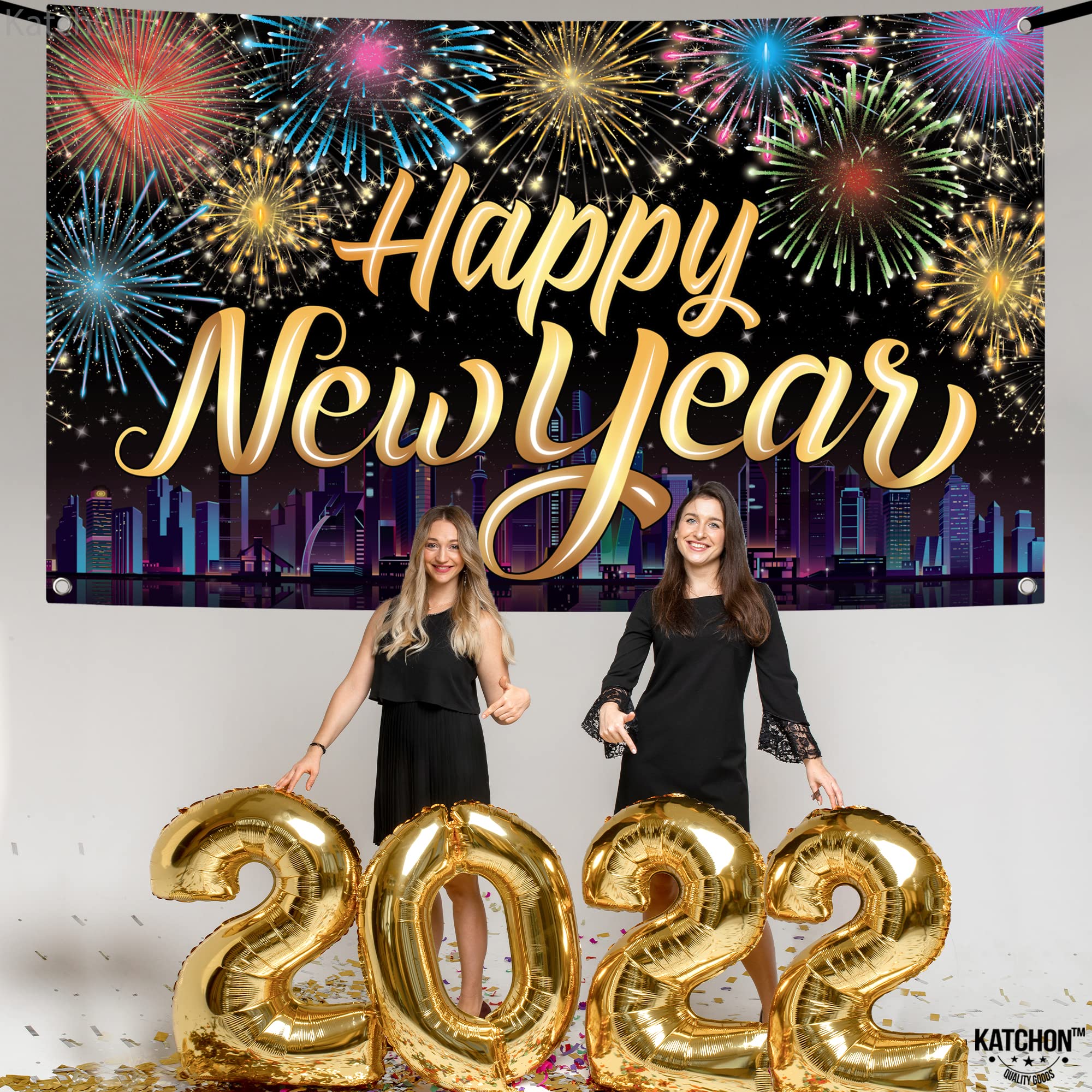 KatchOn Extra Large Happy New Year Banner - 72x44 Inch NYE Decorations 2025 | Firework New Year Backdrop for Party Supplies | Perfect for New Year's Eve Celebrations, Home Decor, and Photo Booths