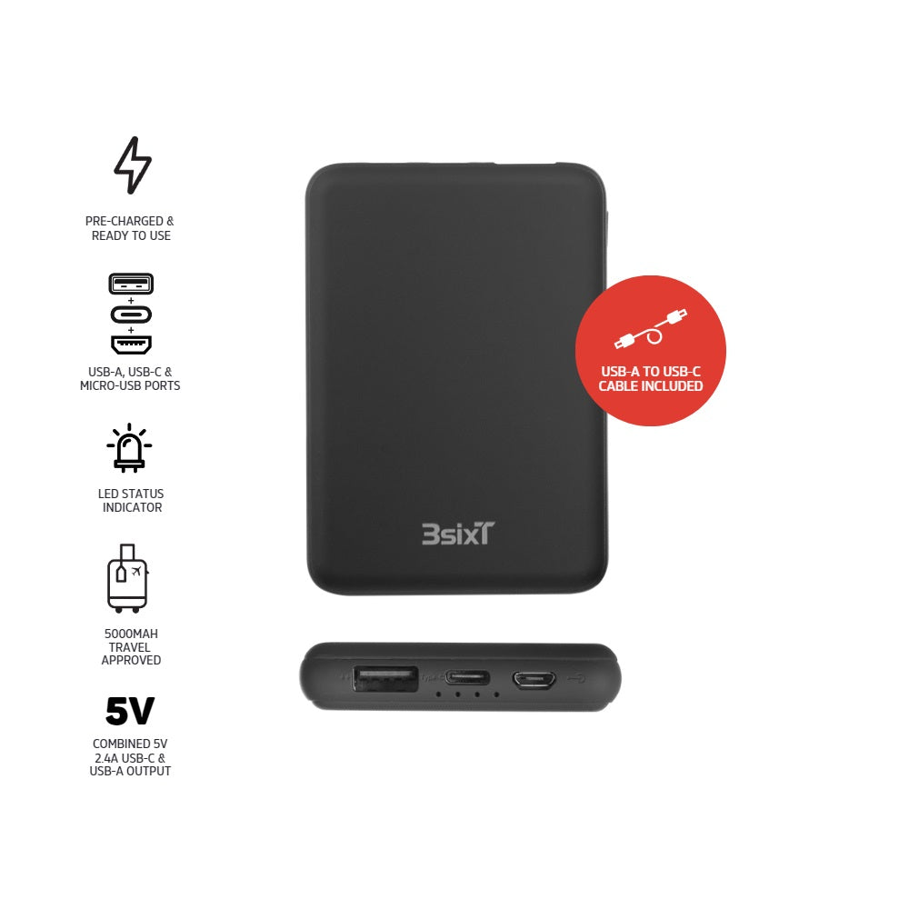 3sixT JetPak Basix 2.0 5000mAh Portable Charger Power Bank - Compact & Fast Charging for iPhone, Android, AirPods - Perfect for Travel, Camping & Emergency Backup