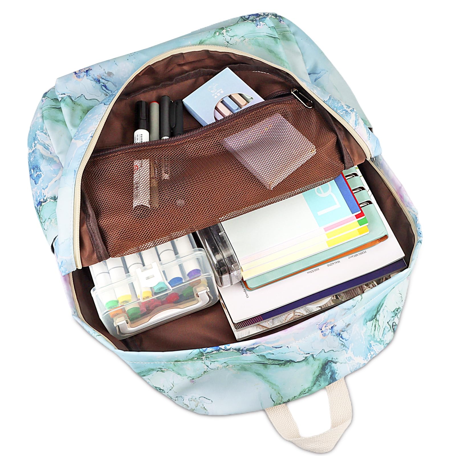 Waterproof School Backpack for Teen Girls & Women - Stylish Bookbag with Lunch Bag (Marble Purple/Blue/Green) | Perfect for High School, College, Travel & Daily Use