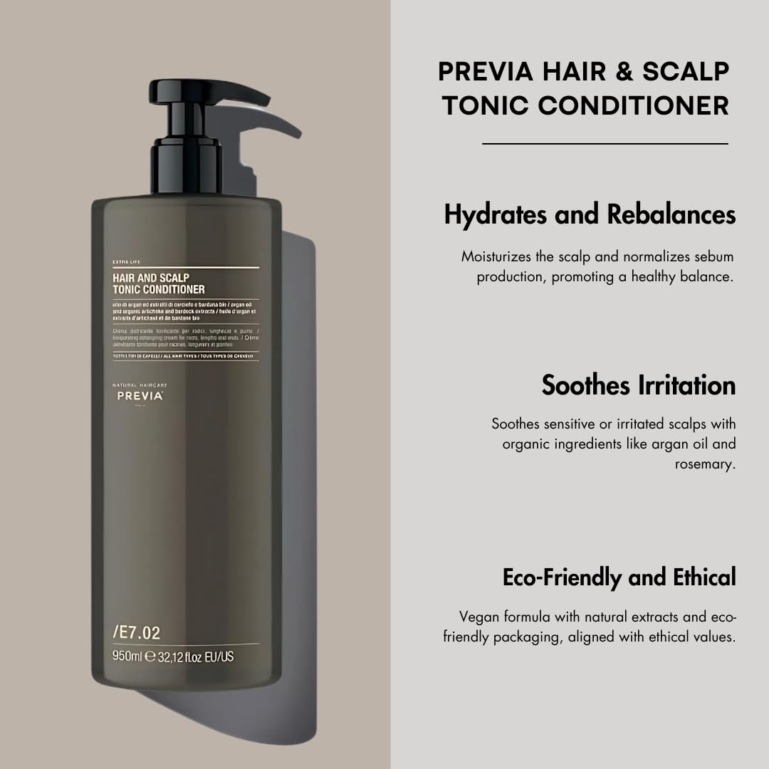 PREVIA Hair & Scalp Tonic Conditioner - Hydrating & Rebalancing Treatment with Argan Oil | Vegan, Cruelty-Free & Sulfate-Free Hair Care | 32.1 oz Bottle for Dry, Damaged Hair | Perfect for Daily Scalp Nourishment & Hair Repair