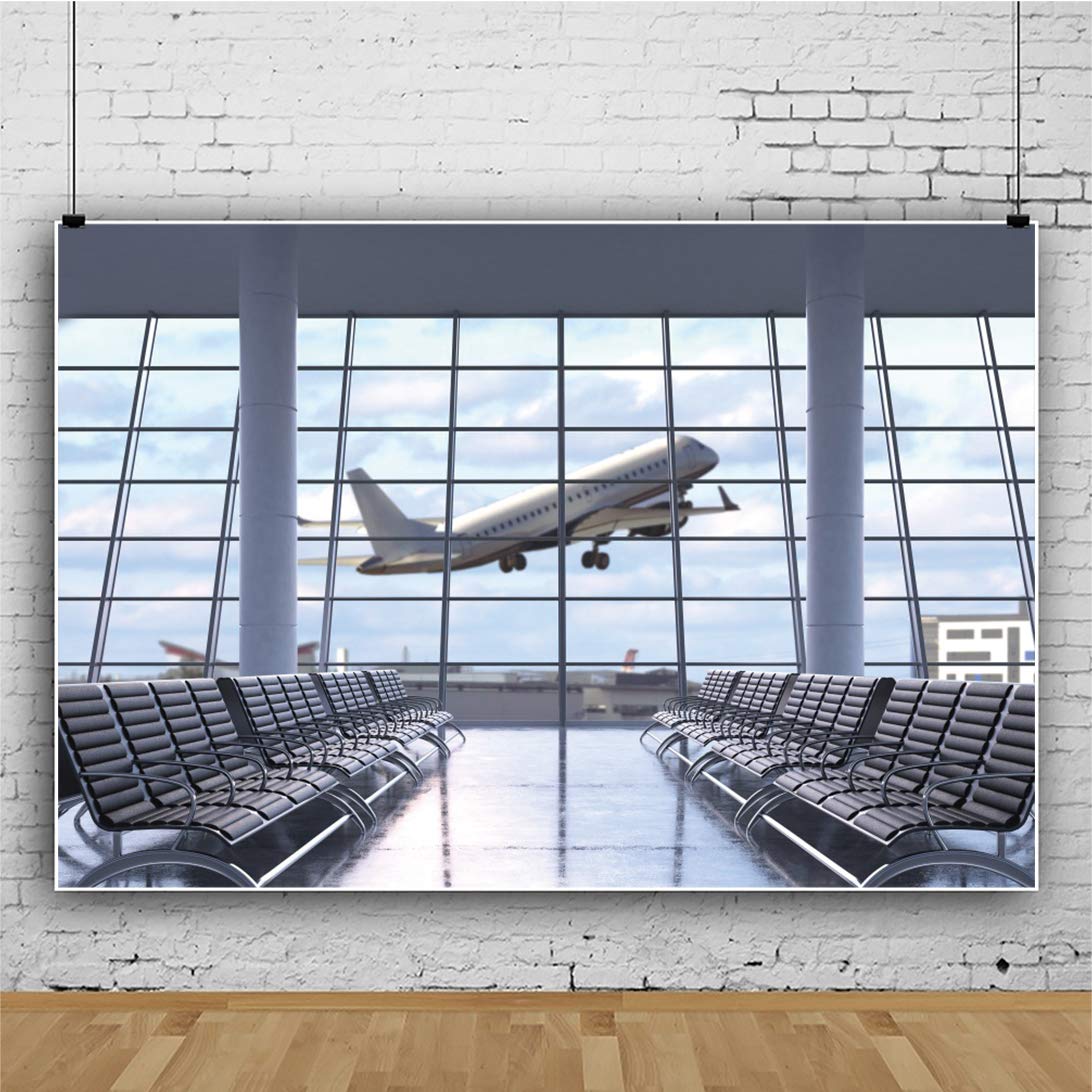 CSFOTO 12x8ft Airport Terminal Photography Backdrop - Airplane Departure & Lounge Scene with Blue Sky - Perfect for Studio Portraits, Newborn, Kids & Adult Photo Shoots - Great for Themed Parties, Travel Blogs & Aviation Enthusiasts