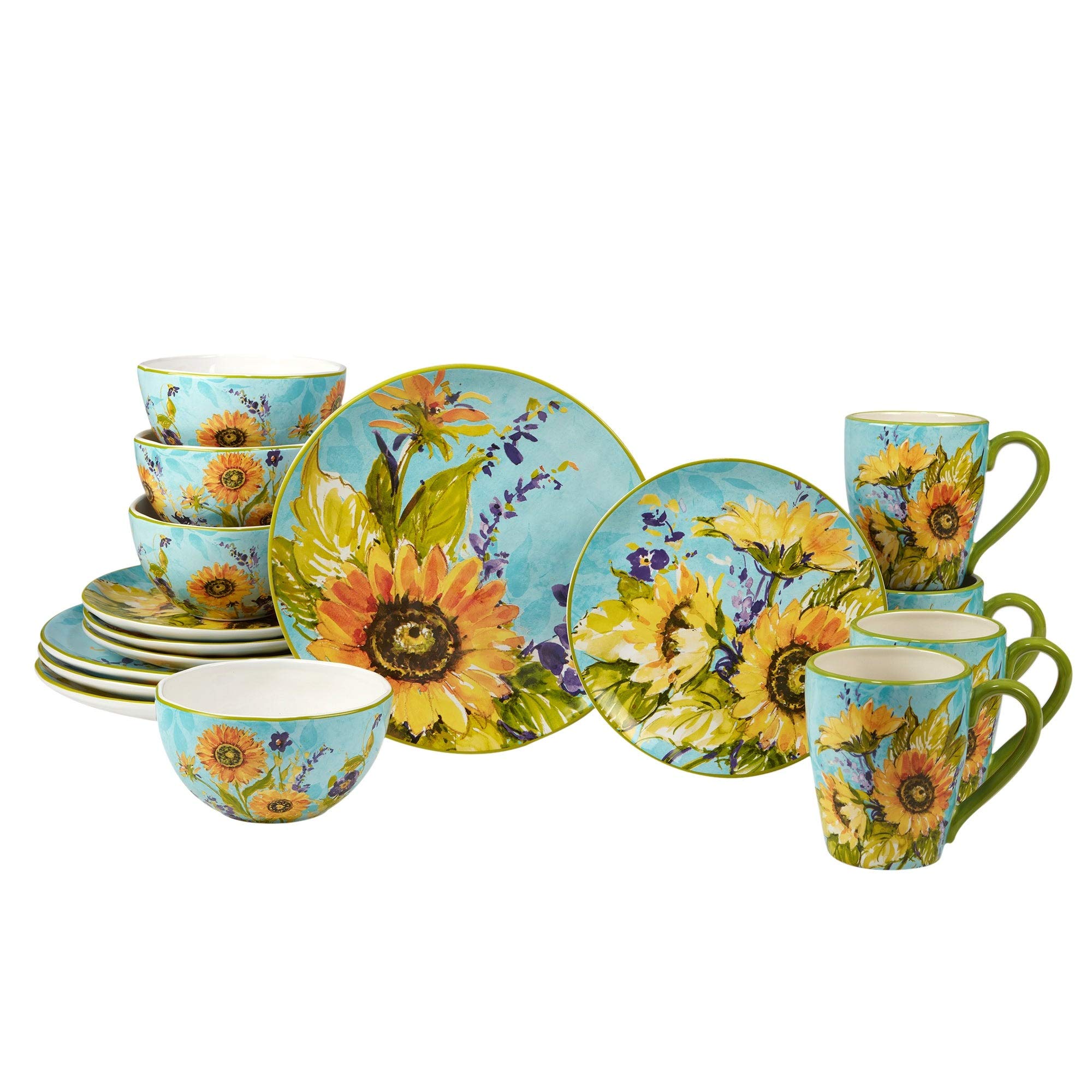 16-Piece Dinnerware Set for 4 - Blue & Yellow Floral Farmhouse Style Round Plates, Bowls, Mugs - Dishwasher & Microwave Safe - Perfect for Family Dinners, Country Kitchen Decor, and Everyday Use