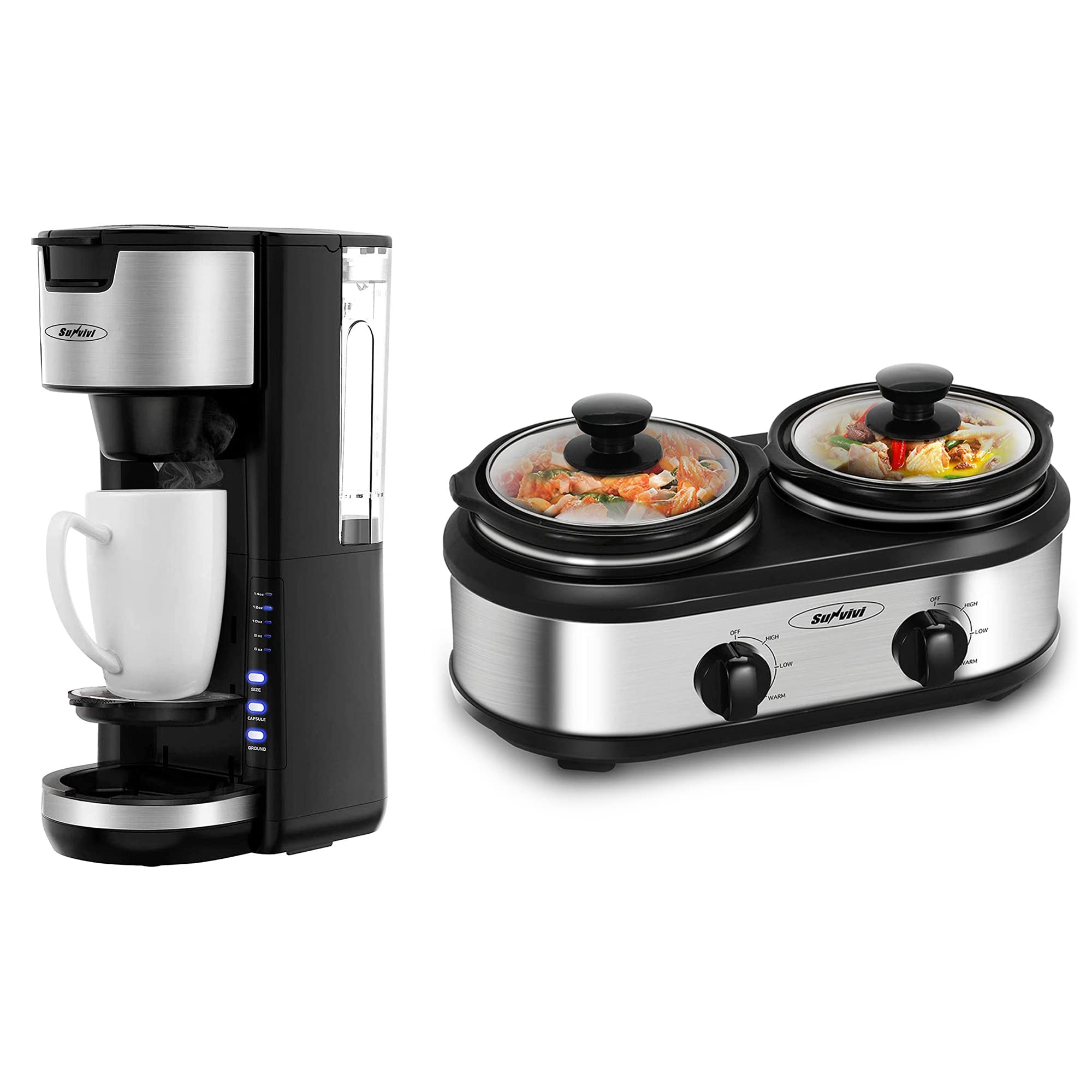 Single Serve Coffee Maker & 2-Pot Slow Cooker Combo - Perfect for Office, Home Kitchen & Small Space Living