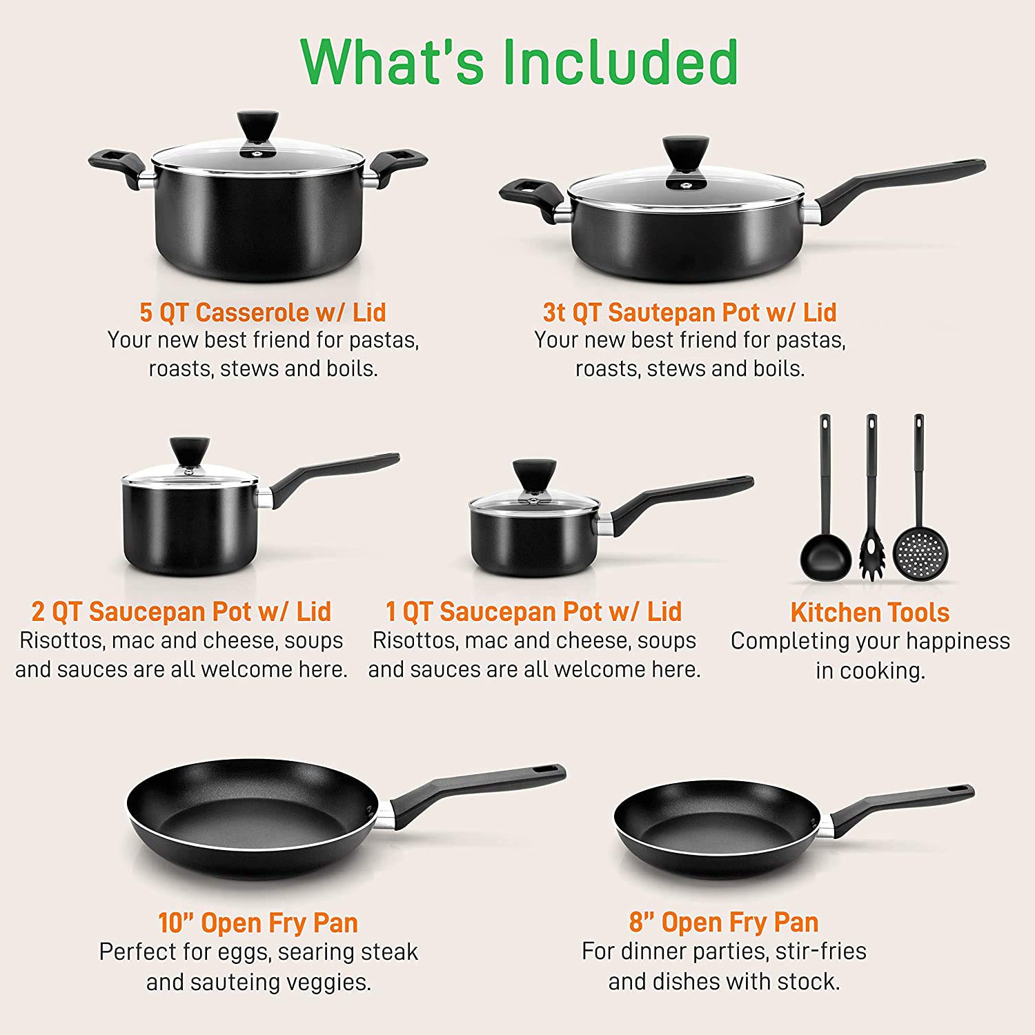 NutriChef 26-Piece Aluminum Nonstick Cookware Set with Lids & Utensils - Black Pots & Pans for Home Cooking | Perfect for Family Meals, Baking & Everyday Kitchen Use