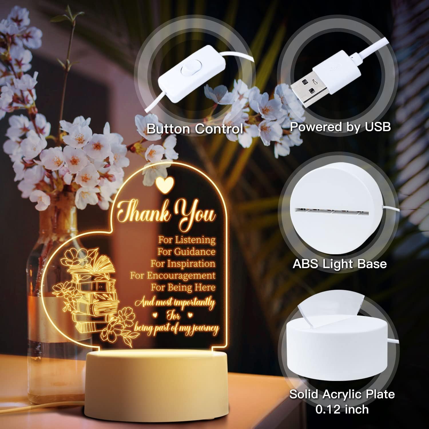 Best Teacher Gifts - Acrylic Night Light for Women | Birthday, Retirement & Thank You Presents for Classroom & Home