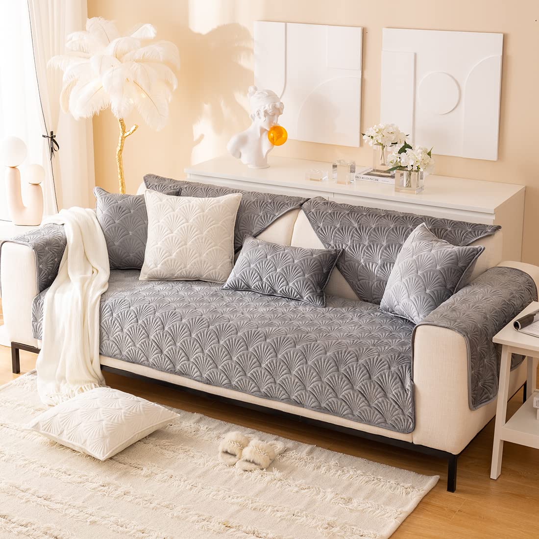 Premium Velvet Quilted Sofa Cover - Super Soft Non-Slip Sectional Couch Slipcover with Leaf Pattern, Plush Furniture Protector for Pets & Kids (Grey, 28