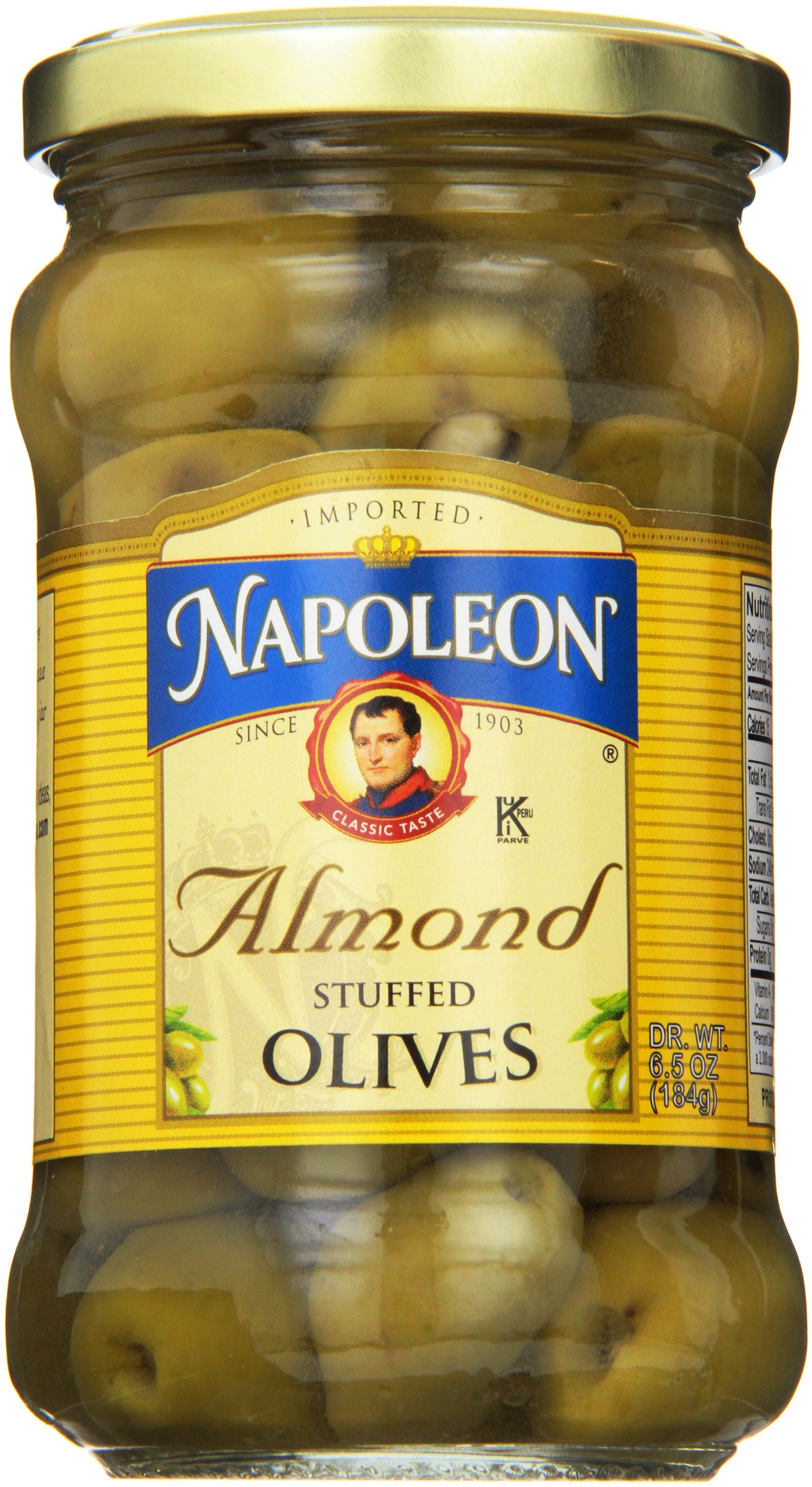Napoleon Stuffed Olives with Almonds, 6.5oz (184g) - Premium Mediterranean Snack for Charcuterie Boards & Cocktail Parties
