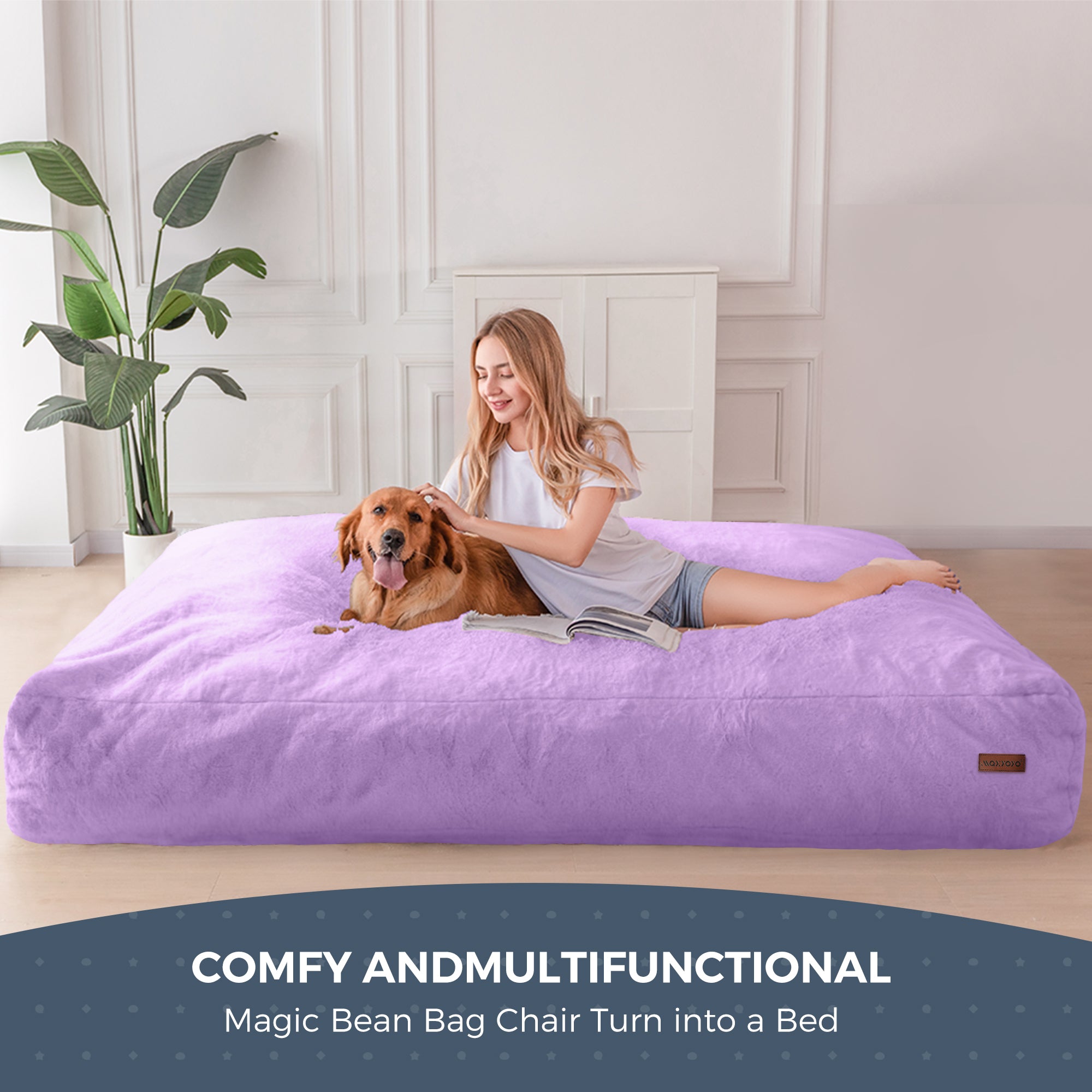 MAXYOYO Giant Faux Fur Bean Bag Chair - Convertible to Floor Mattress Bed, Soft Purple Lounge Furniture for Living Room, Bedroom & Dorm | Comfortable Seating & Sleeping Solution