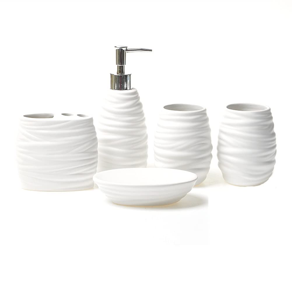 Premium Ceramic Soap Dispenser Set - 5-Piece Bathroom & Kitchen Organizer with Soap Tray, Toothbrush Holder & Wash Cup | Perfect for Hand Sanitizer, Shampoo & Liquid Soap Storage | Ideal for Modern Homes, Apartments & Guest Bathrooms