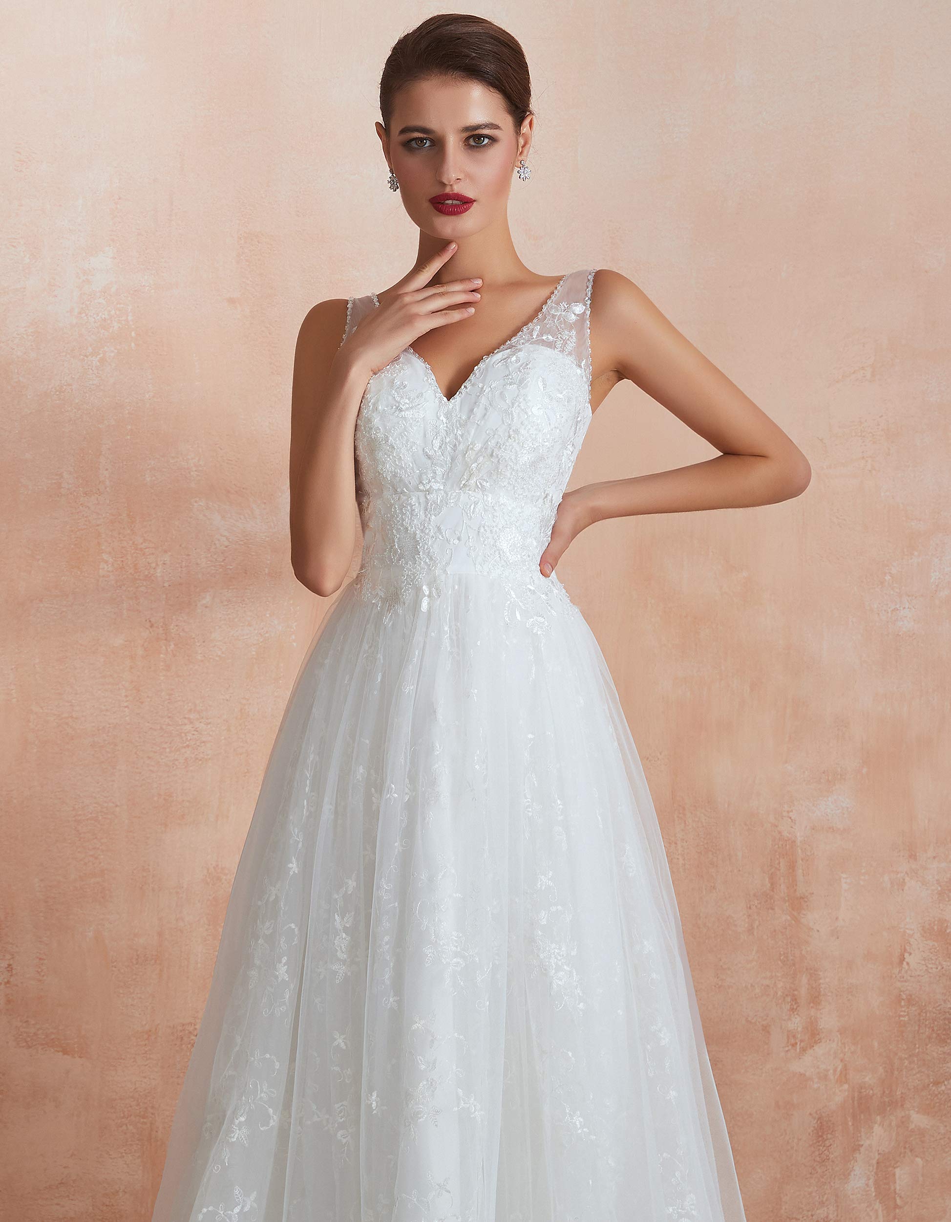 Elegant Women's V-Neck Lace Applique Sleeveless Tulle Wedding Dress | Bridal Gown for Beach, Church & Outdoor Ceremonies