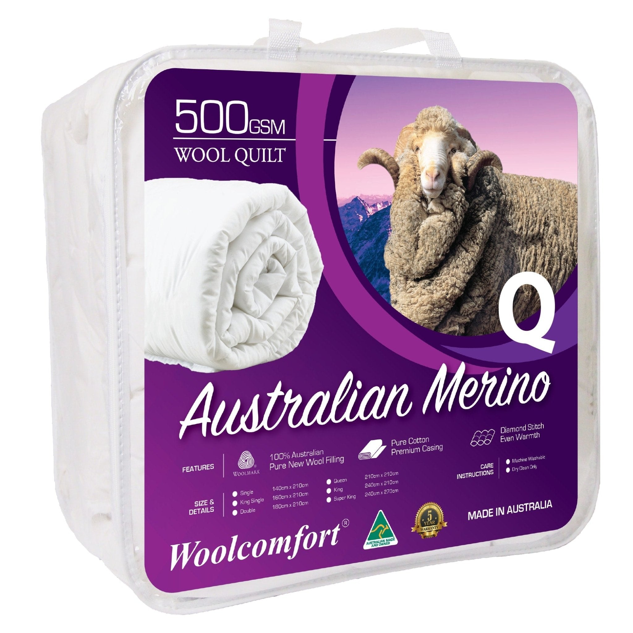 Premium Australian Merino Wool Quilt 500GSM - 210x210cm Queen Size All-Season Warmth - Luxury Bedding for Cold Winters & Cozy Nights