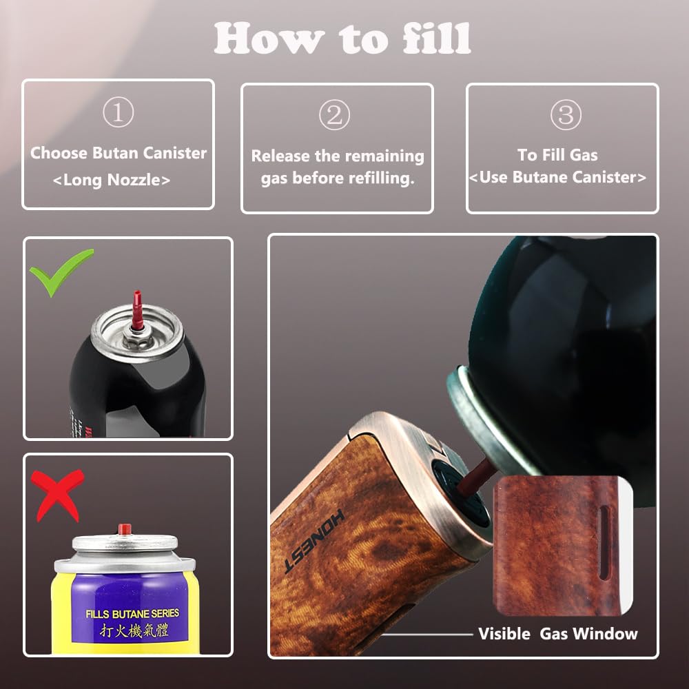 HONEST Triple Jet Torch Lighter with Visible Gas Window - Refillable, Adjustable Flame, Built-in Punch - Perfect for BBQ, Kitchen, Fireplace & Candle Lighting - Great Gift for Men (Brown Wrap)