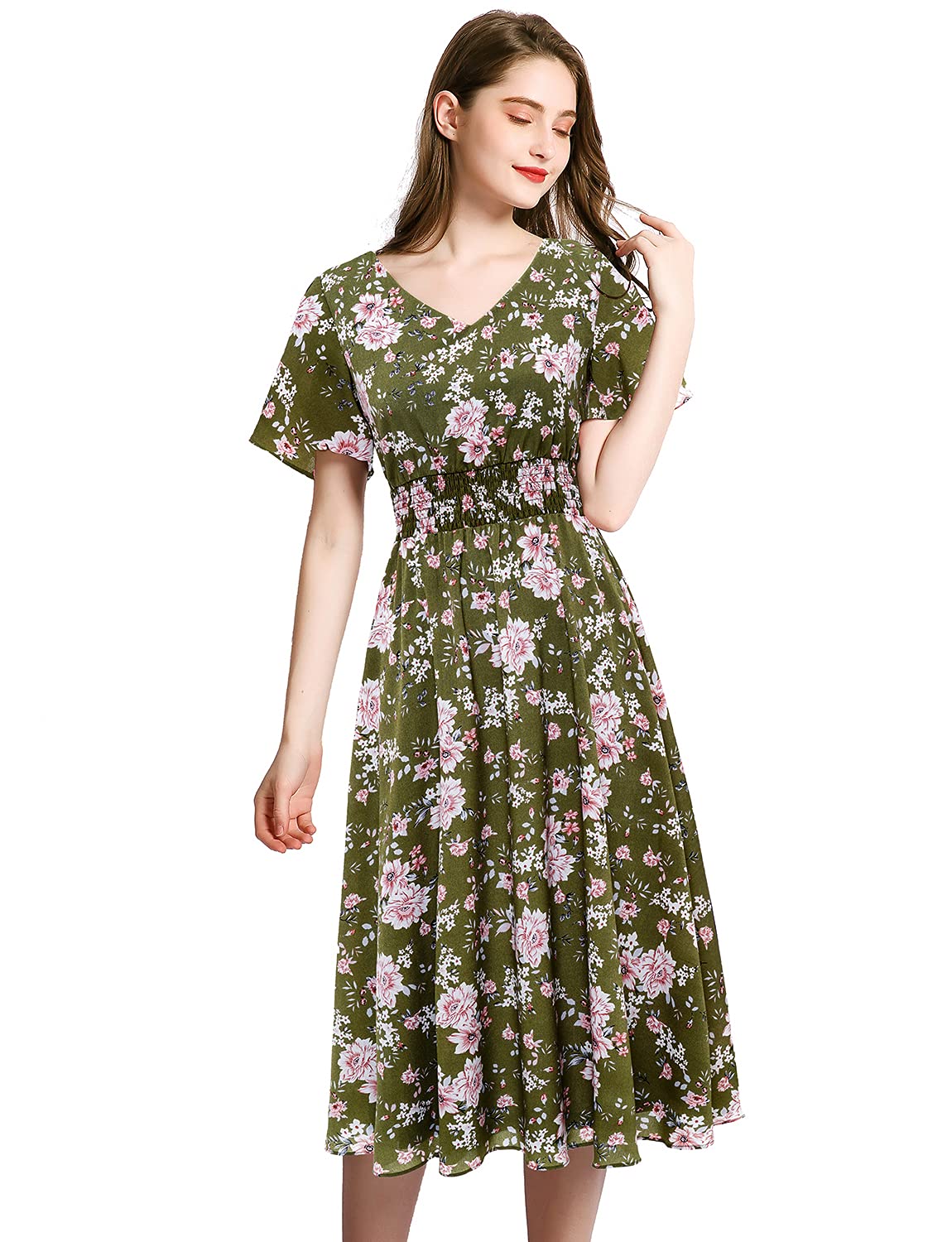 Floral Chiffon Summer Dress for Women - Elastic Waist Beach Sundress | Casual Outdoor Wear, Vacation, Garden Party & Beach Cover Up