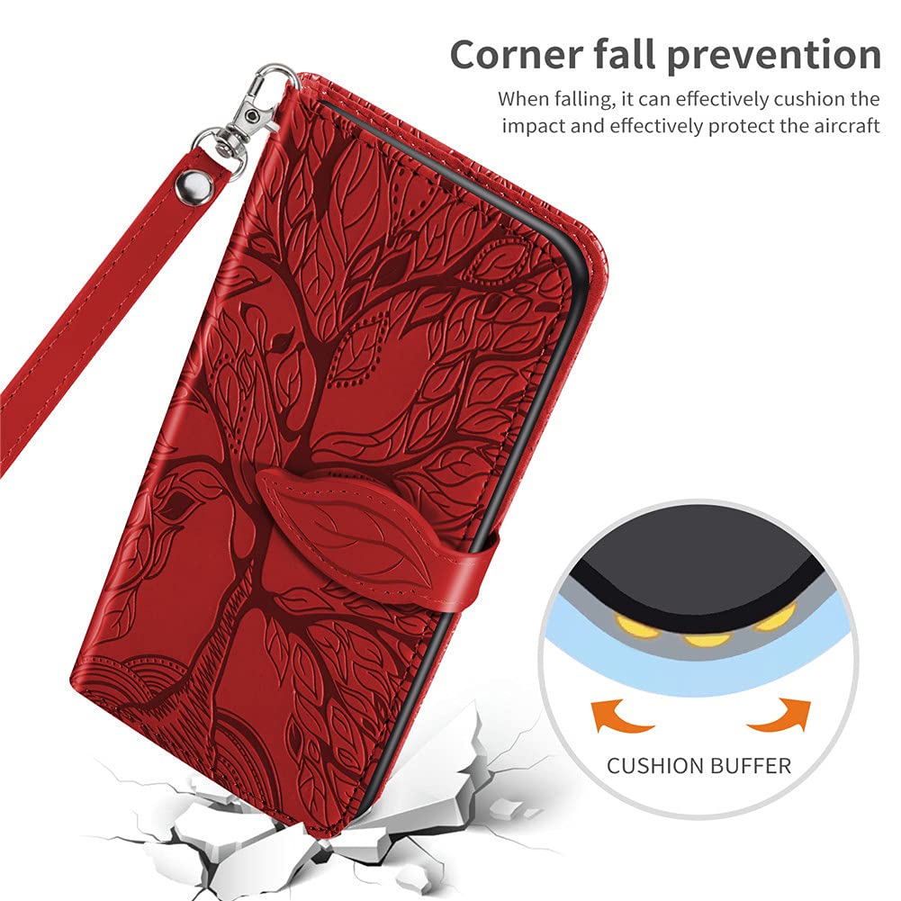 Premium Leather Wallet Case for iPhone SE 2020/8/7 - Magnetic Card Holder with Kickstand & Wrist Strap | Shockproof Flip Cover for Everyday Protection (Life Tree Red) | Perfect for Work, Travel & Outdoor Activities