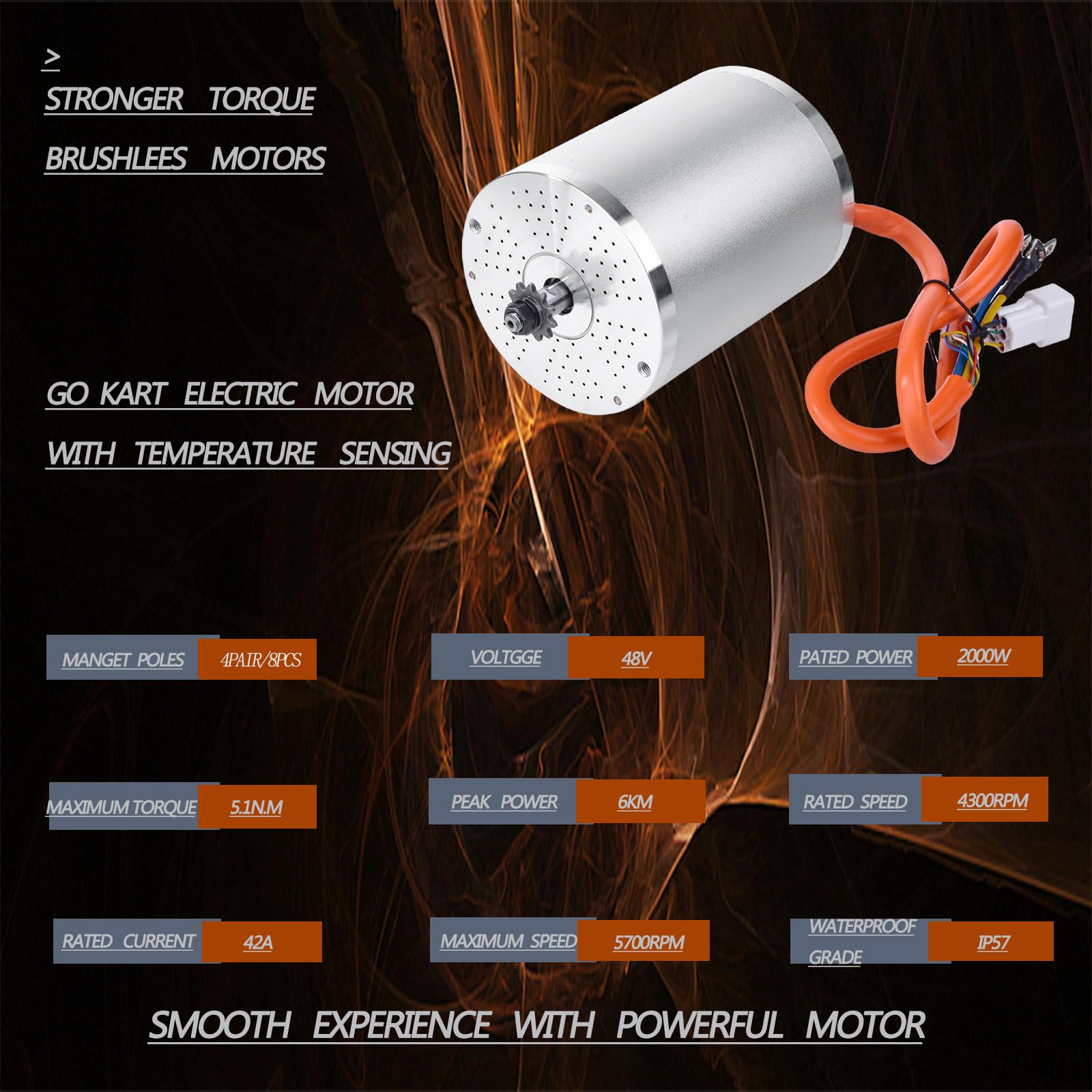 Kunray 48V 2000W Brushless DC Motor for Electric Scooter, Dirt Bike & Go Kart - High Speed 5700RPM with Temperature Sensor - Perfect for Off-Road Adventures, Commuting & DIY Electric Vehicle Projects