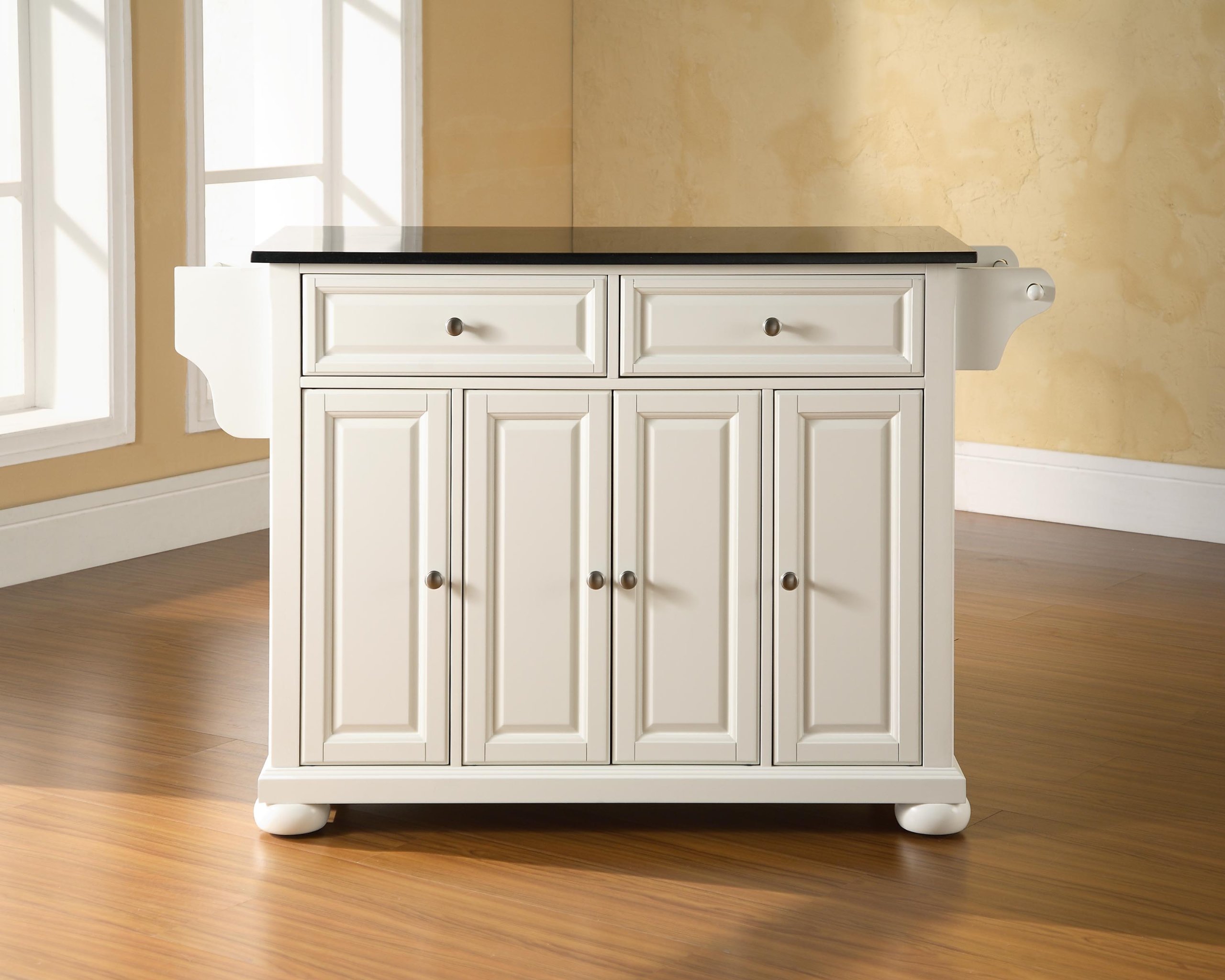 Crosley Alexandria Granite Top Rolling Kitchen Island Cart - White | Microwave Stand with Storage & Spice Rack | Perfect for Small Kitchens, Apartments & Entertaining