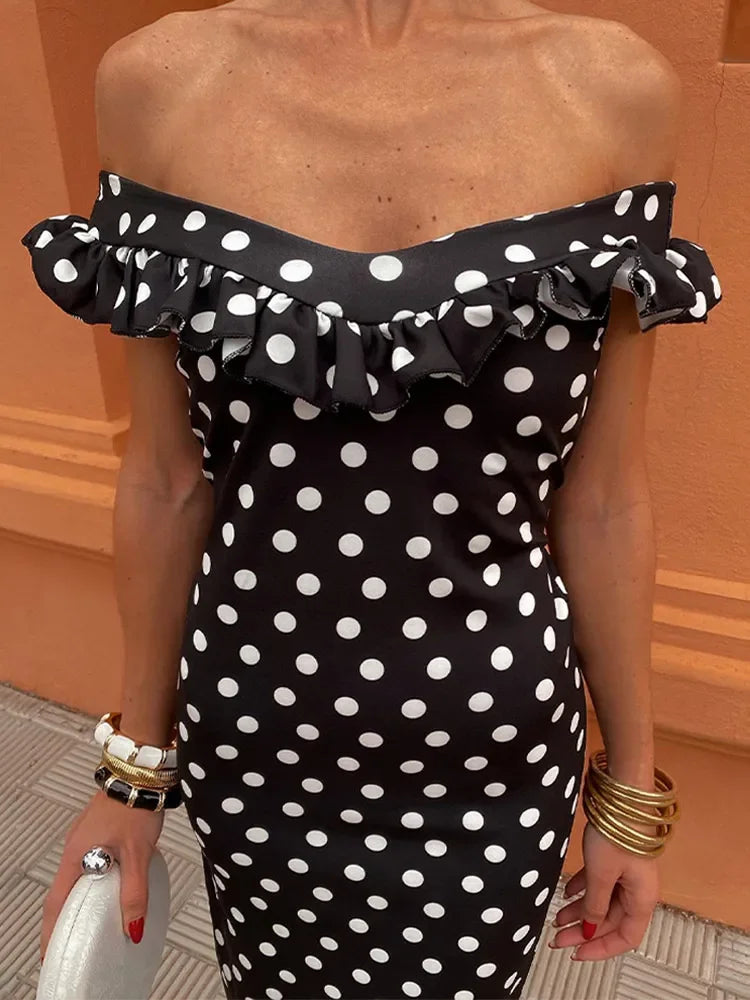Elegant Polka Dot Print Ruffles Maxi Dress for Women - Strapless Slash Neck Backless Party Dress | Sexy Clubwear & Evening Gown for Night Out, Date Night, Cocktail Party