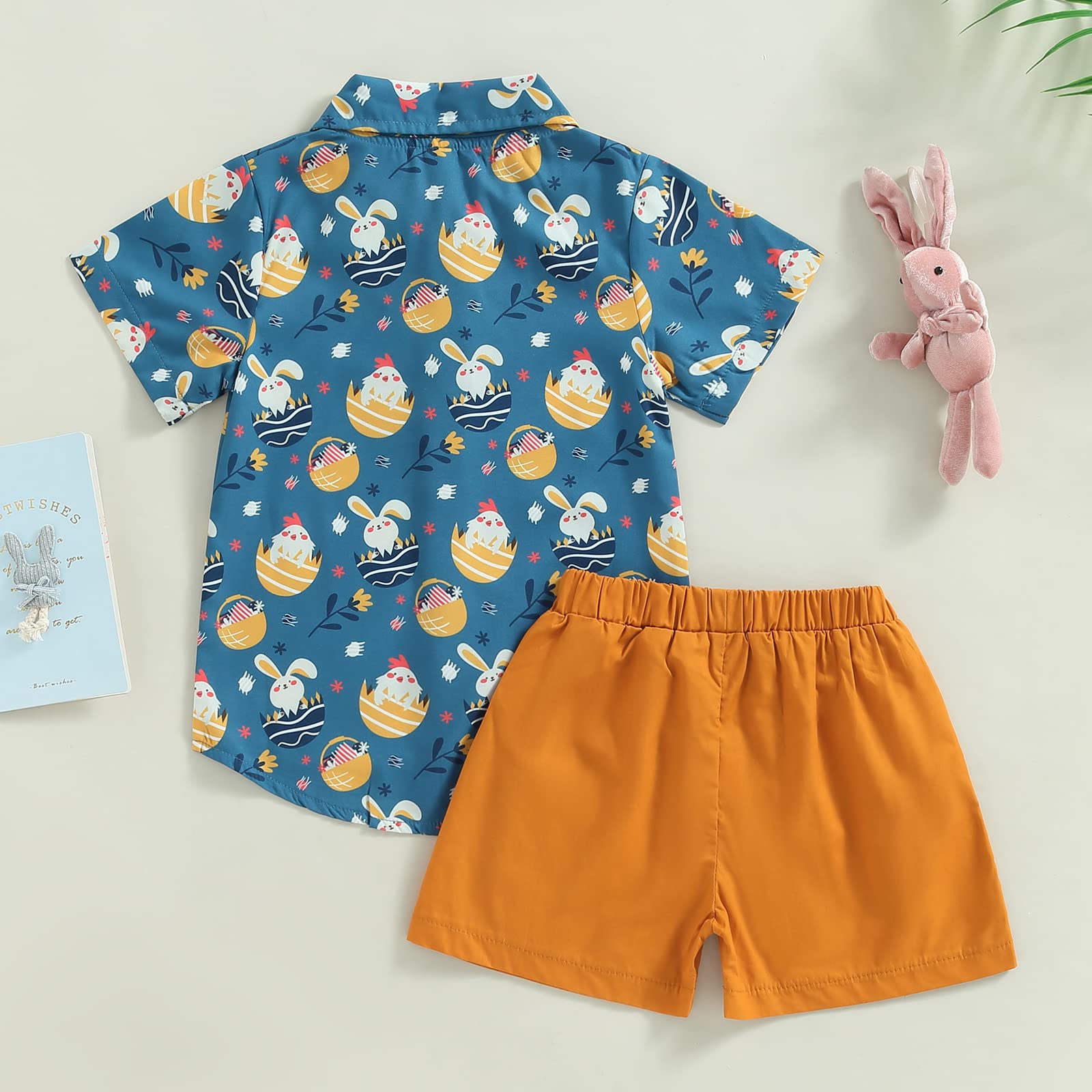 Easter Outfits for Toddler Boys - Bunny & Egg Print Short Sleeve Button Down Shirt with Matching Solid Shorts Set | Summer Church, Easter Egg Hunt & Family Photo Outfits