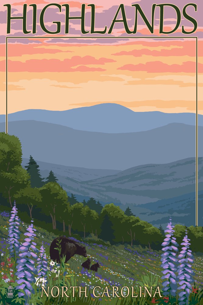 Bear and Spring Flowers Wall Art Poster (12x18) - Highlands North Carolina Landscape Print for Home & Office Decor - Perfect for Living Room, Bedroom or Cabin Wall Decor
