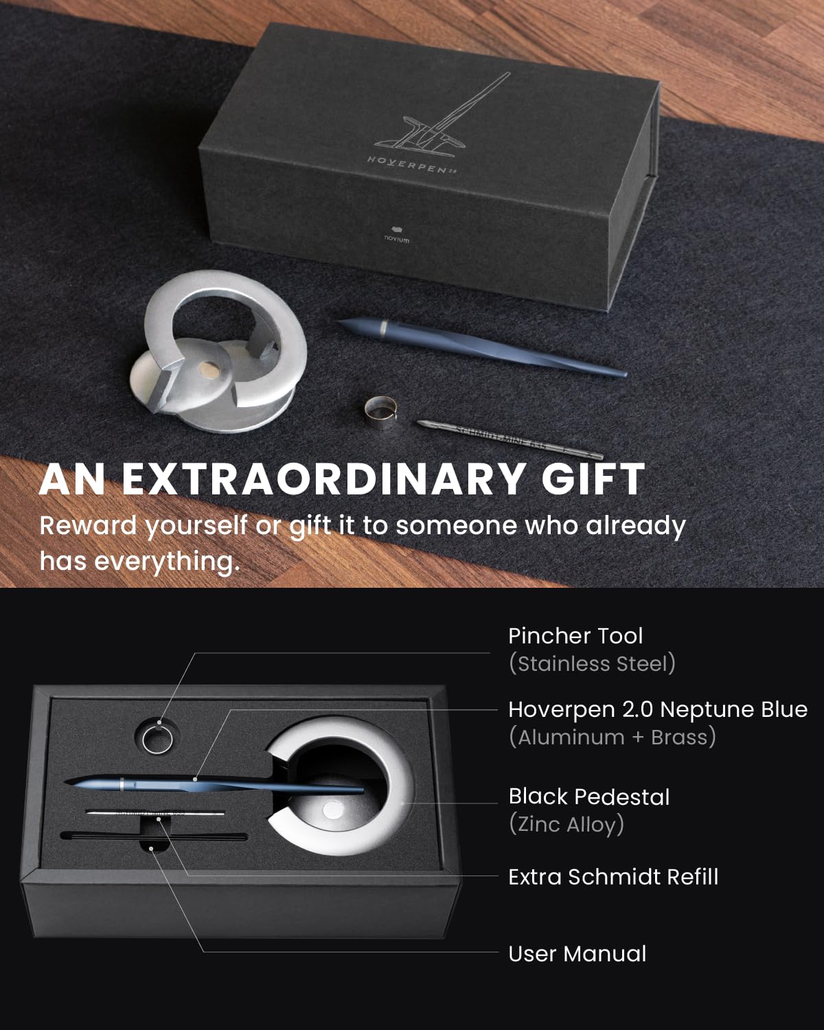 Novium Hoverpen Interstellar Edition - Premium Executive Pen with Aerospace Alloy Construction, Smooth Free-Spinning Mechanism, Unique Futuristic Design - Perfect Gift for Men & Women (Neptune Blue) - Ideal for Business Meetings, Corporate Gifts & Luxury Writing