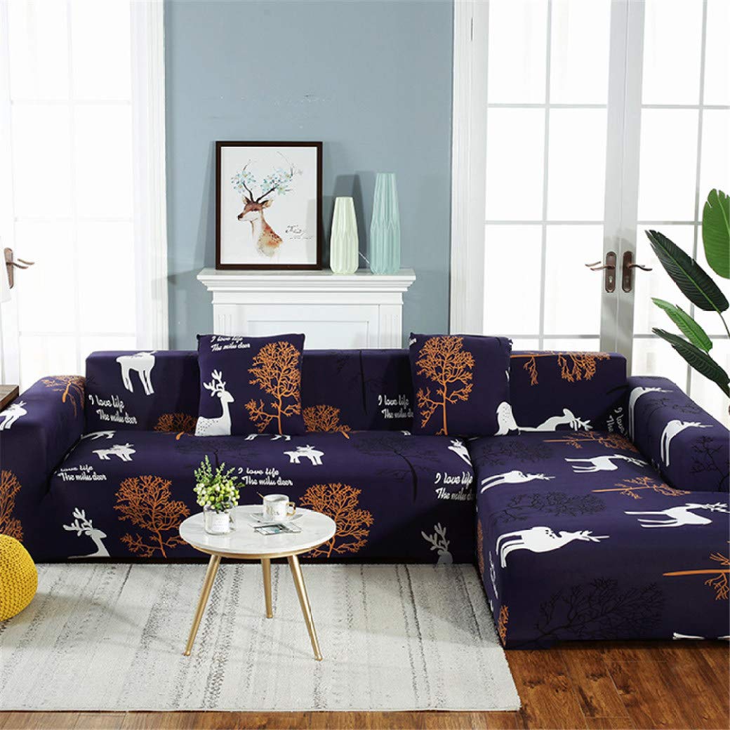 YURASIKU L-Shaped Sofa Cover - Deer Print Elastic Navy Blue Sectional Couch Cover for Home Decor | Fits Corner Couches, Protects Furniture | Perfect for Living Room, Office & Apartment