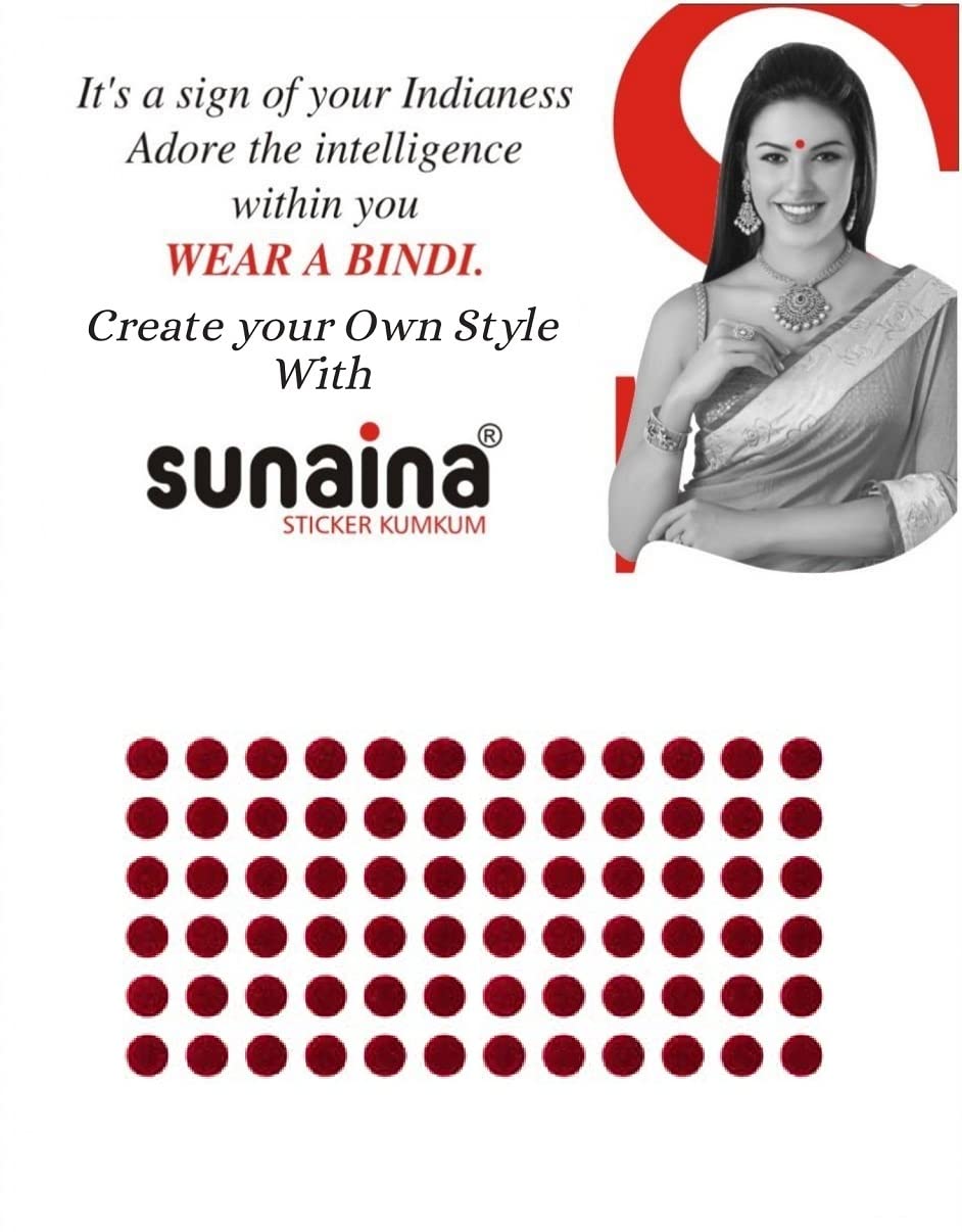Sunaina Premium Gold Sticker Kumkum Forehead Round Bindis - Velvet Pottu/Bindi Box with 15 Cards/Flaps for Women & Girls (GDR007, Deep Red) - Perfect for Indian Weddings, Festivals, and Traditional Makeup Looks