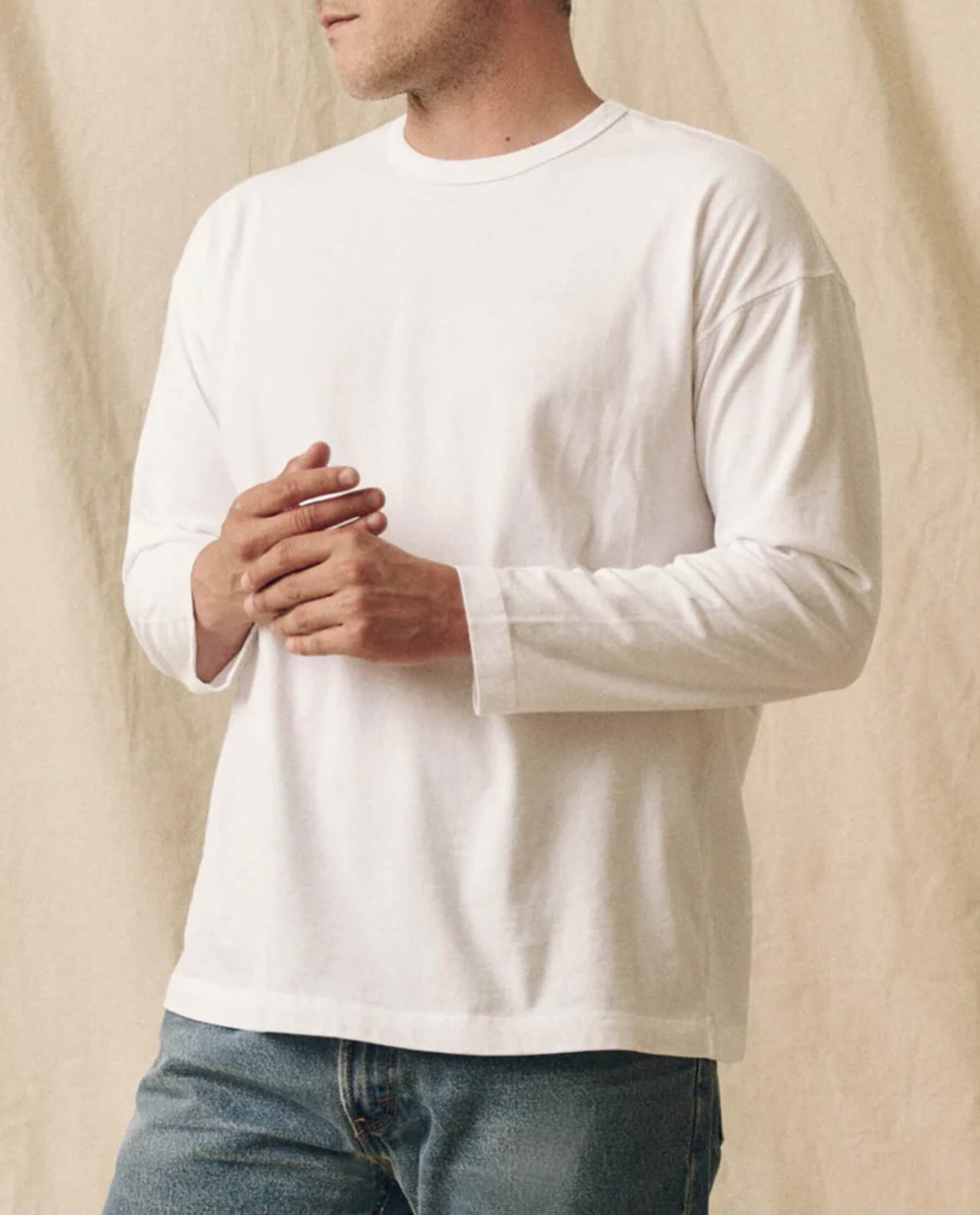Men's Pure Knits Long Sleeve Boxy Crew Neck T-Shirt - Solid True White - Casual Wear & Layering Essential for Everyday Comfort