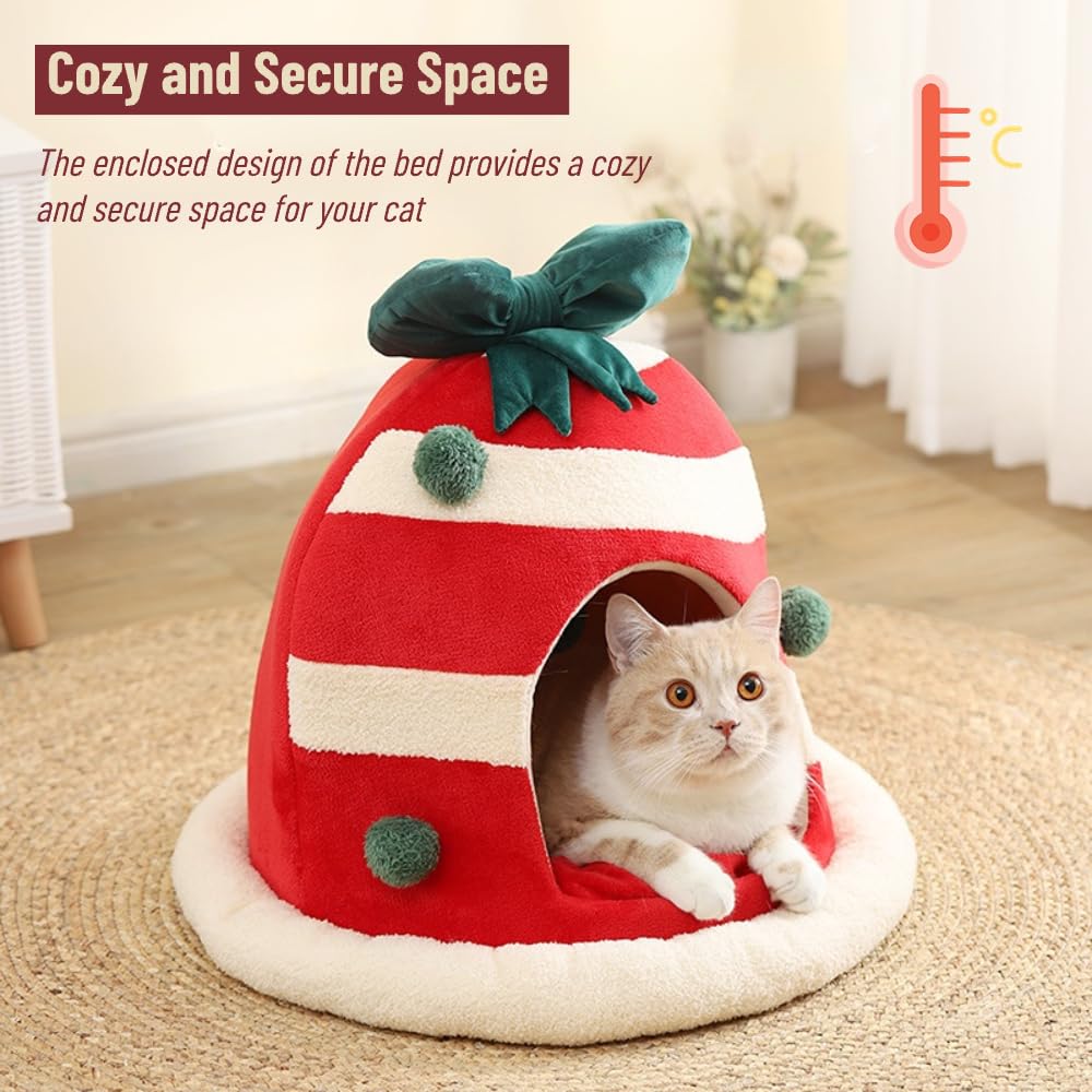 Cozy Christmas Cat Cave Bed - Warm Foldable Pet House with Washable Pillow for Indoor Cats & Small Dogs - Perfect for Holiday Comfort & Calming