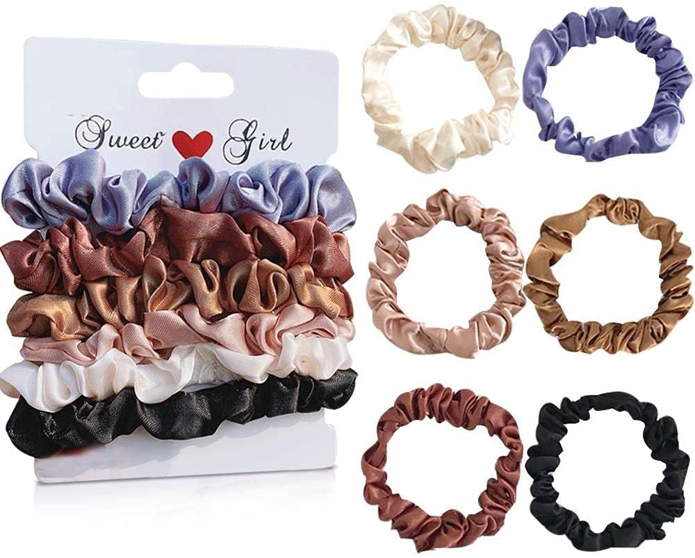 Uni-Fine Small Satin Hair Scrunchies for Women - 6 Color Silk Hair Ties, Elastic Hair Bands for Girls (Perfect for Work, Gym & Everyday Use)