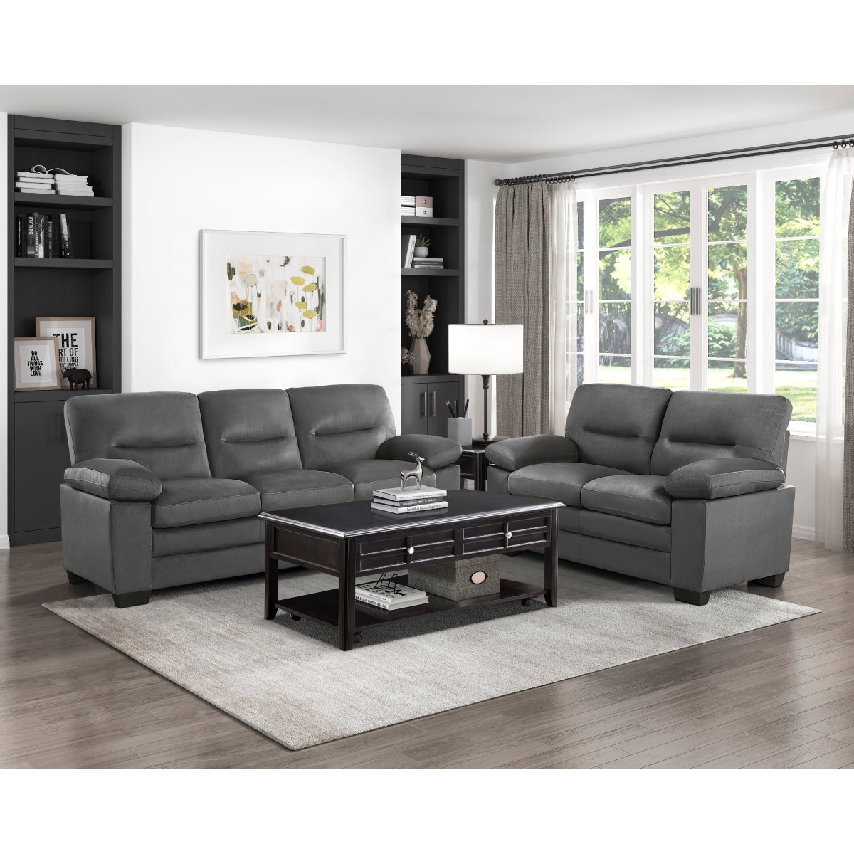 Dark Gray Textured Fabric Love Seat with Faux Wood Finish - Modern Small Couch for Living Room, Apartment & Office - Comfortable 2-Seater Sofa for Relaxing and Entertaining