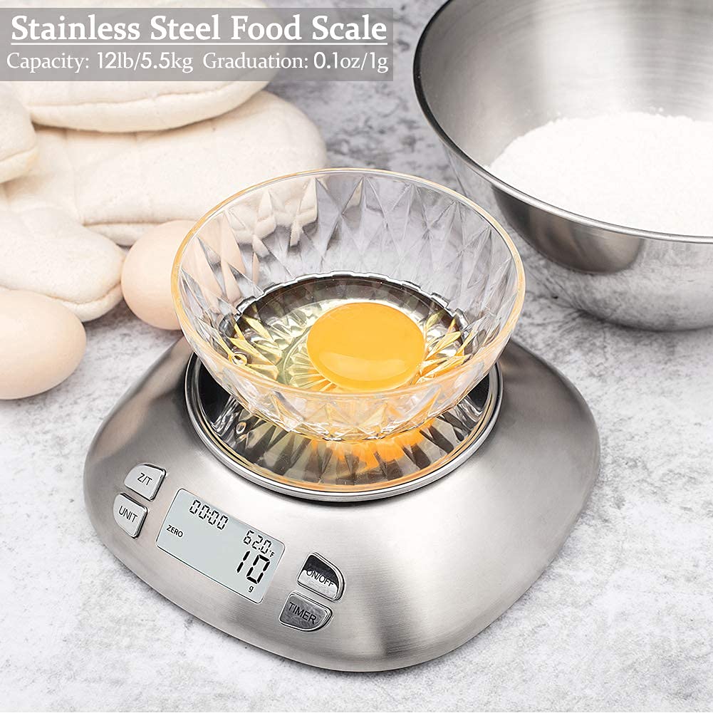 **Premium Digital Kitchen Scale with Removable 2.5L Bowl - Stainless Steel Food Scale for Cooking, Baking & Meal Prep - 12lb/5.5kg Capacity, Alarm Timer, Room Temp Function - Perfect for Home Chefs & Bakers (Batteries Included)**