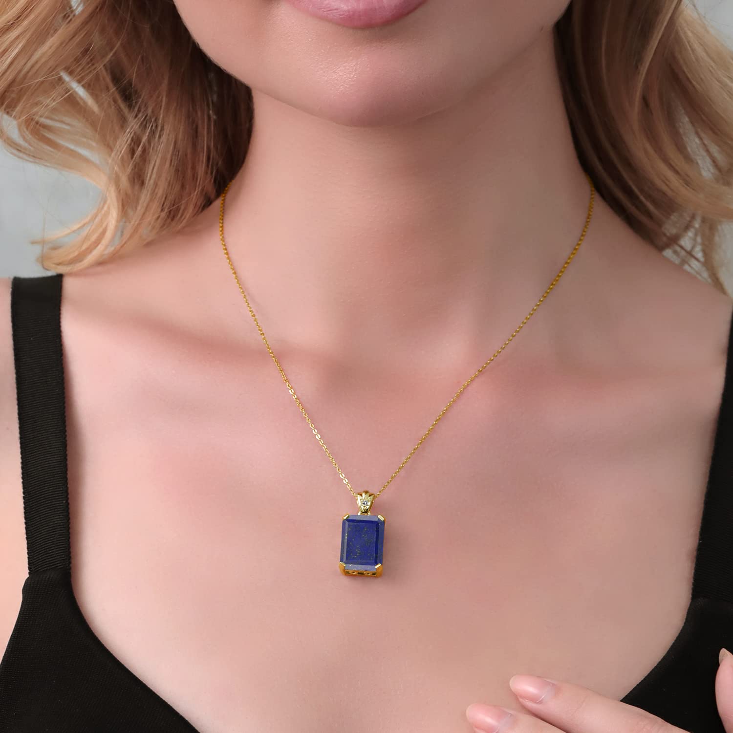 18K Yellow Gold Plated Emerald Cut Gemstone Birthstone Pendant Necklace with Diamond Accents - 18X13MM Center Stone & 1.8MM Round Stones - 18 Inch Chain - Elegant Jewelry Gift for Women, Wife, Mom - Perfect for Birthdays, Anniversaries & Special Occasions