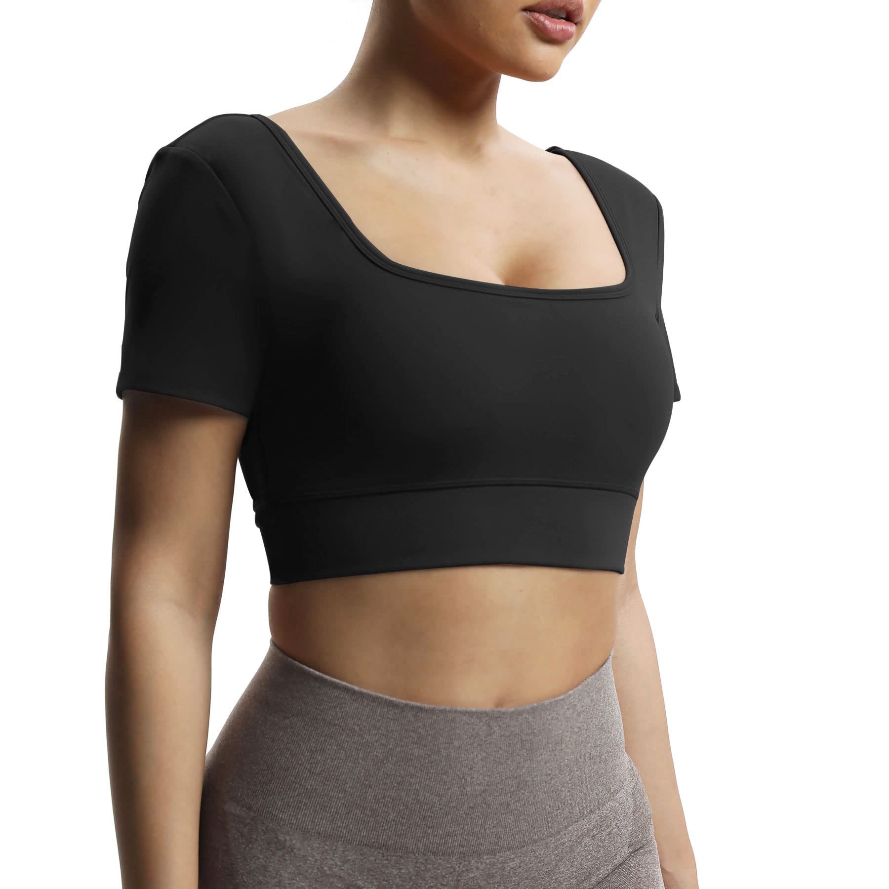 Aoxjox Women's Short Sleeve Crop Top - Square Neck V-Back Workout Shirt for Yoga, Running & Gym | Trendy Longline Cropped T-Shirt for Summer & Casual Wear