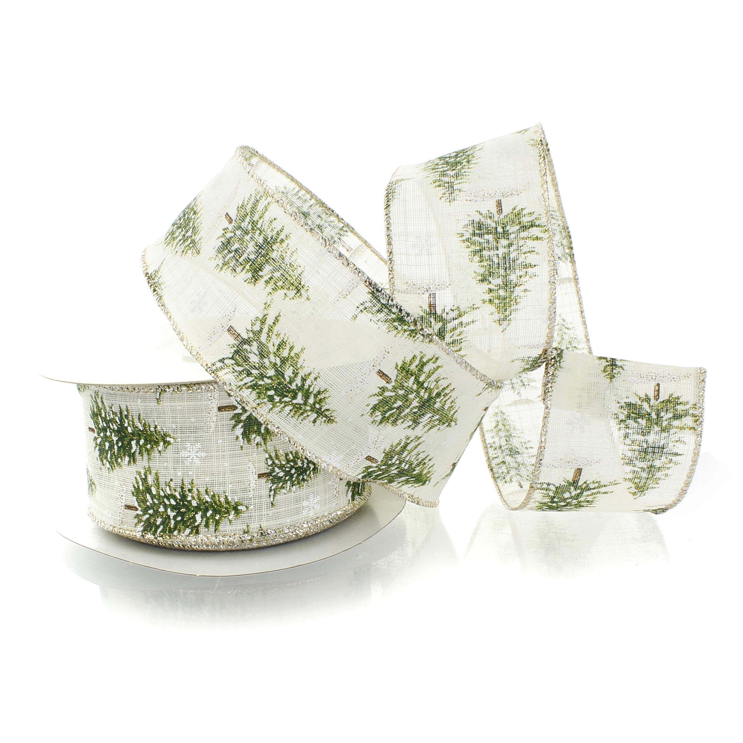 Green Woodland Trees Wired Ribbon - 2.5 Inch x 25 Yards Christmas Decorative Ribbon for Gift Wrapping, Tree Trimming & Holiday Crafts
