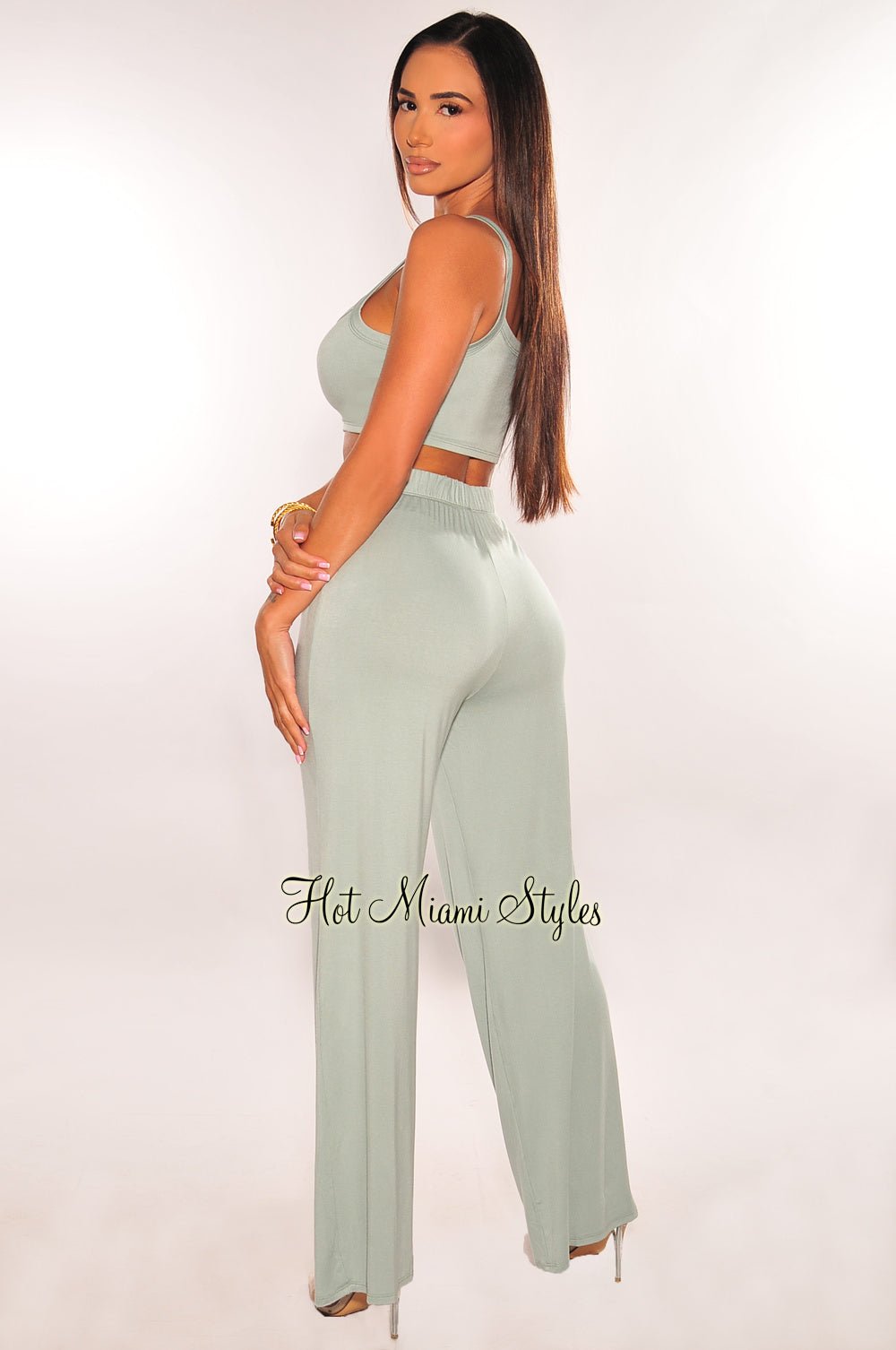 Sage Green Palazzo Pants Two Piece Set - Women's Flowy Lounge Outfit for Yoga, Beach & Casual Wear