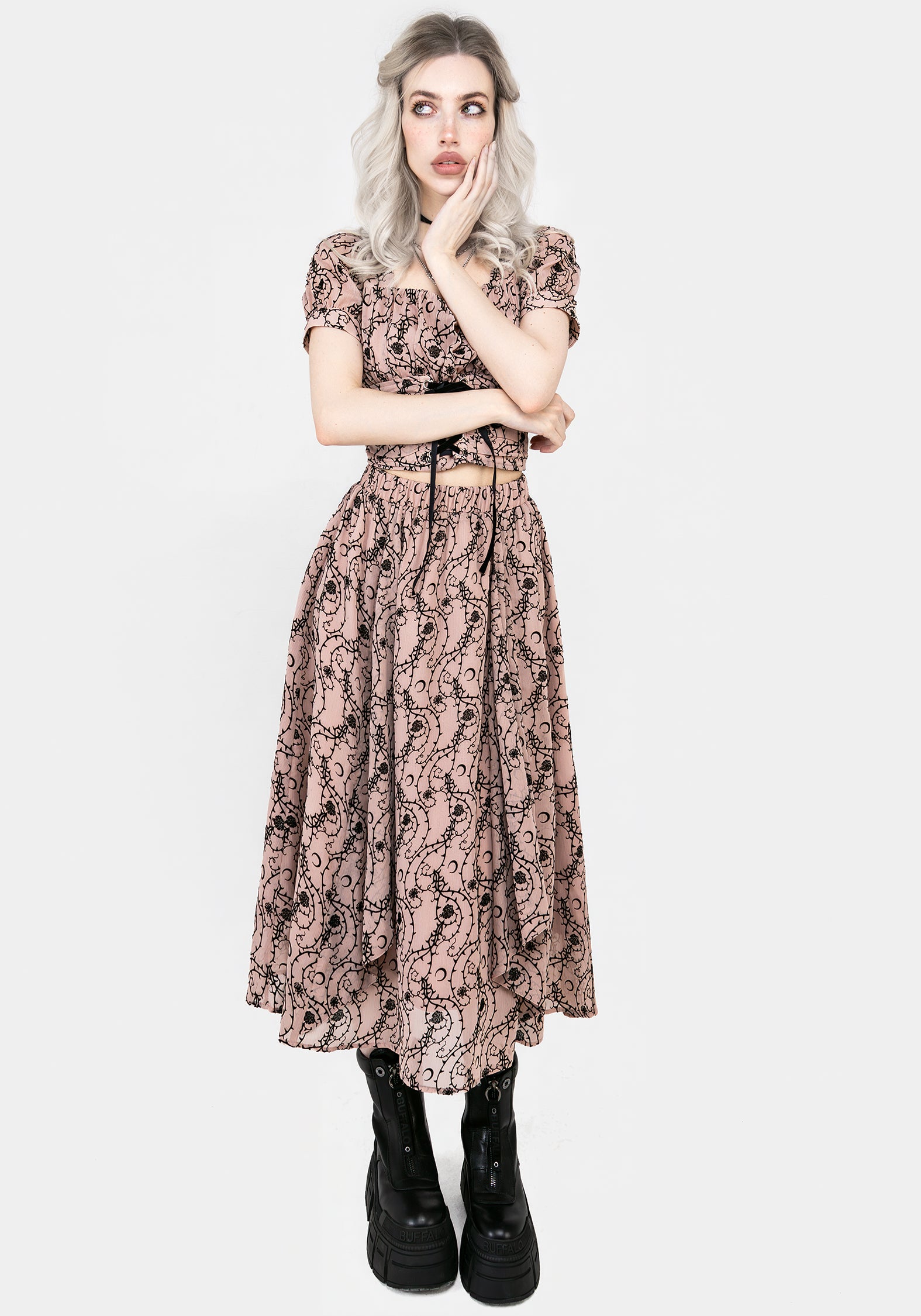 Rosethorn Ruffle Midi Skirt for Women - Floral Print A-Line Skirt with Elastic Waist | Perfect for Spring, Summer, Date Night & Vacation Outfits