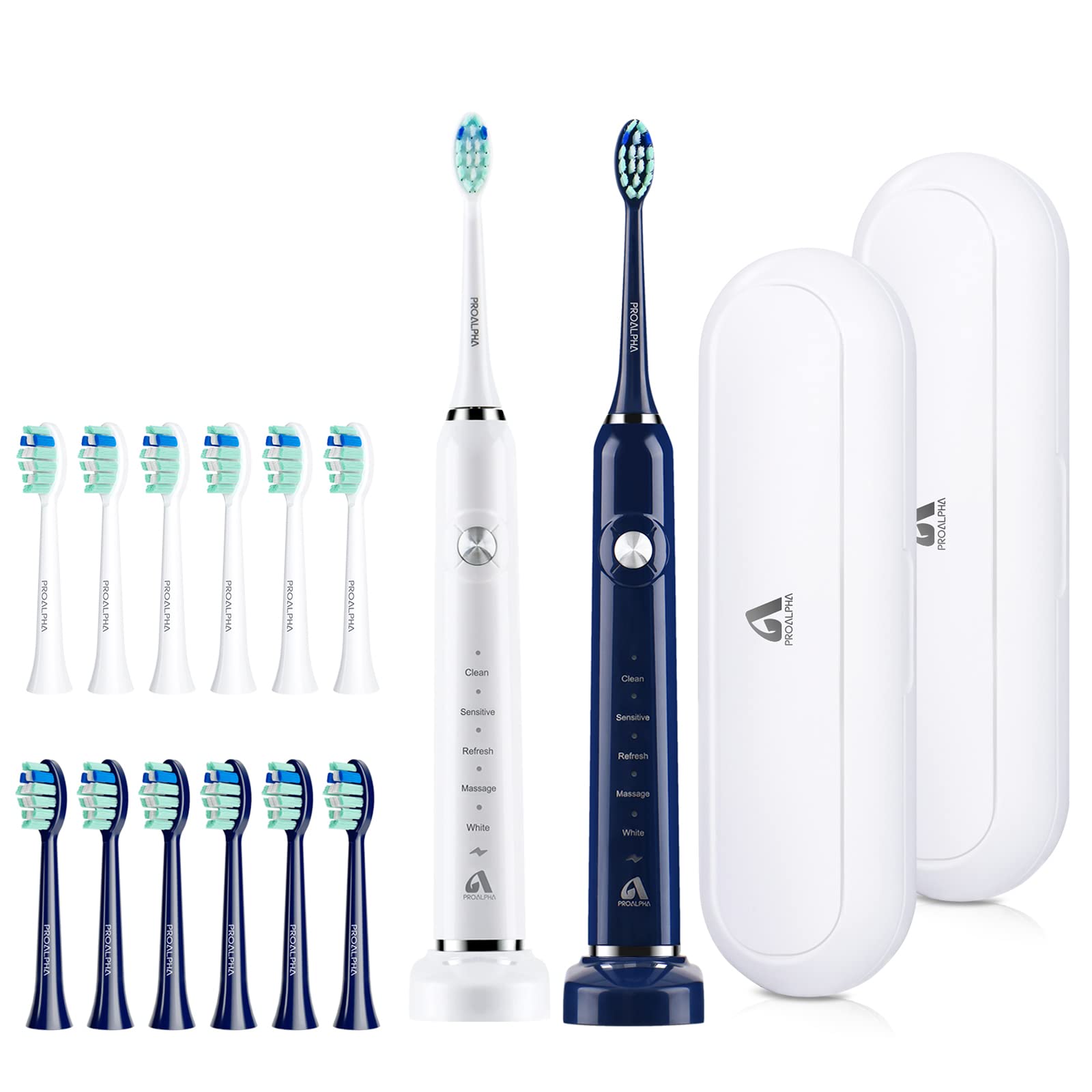 JTF Electric Toothbrush 2 Pack - Sonic Toothbrushes for Adults & Kids with Whitening Mode, Blue & White - Perfect for Family Oral Care & Travel Use