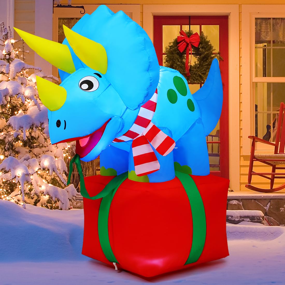COMIN 5 FT Inflatable Dinosaur Christmas Decor with Built-in LED Lights - Outdoor/Indoor Holiday Yard Lawn Garden Decoration for Xmas Party, Home Decor & Festive Celebrations