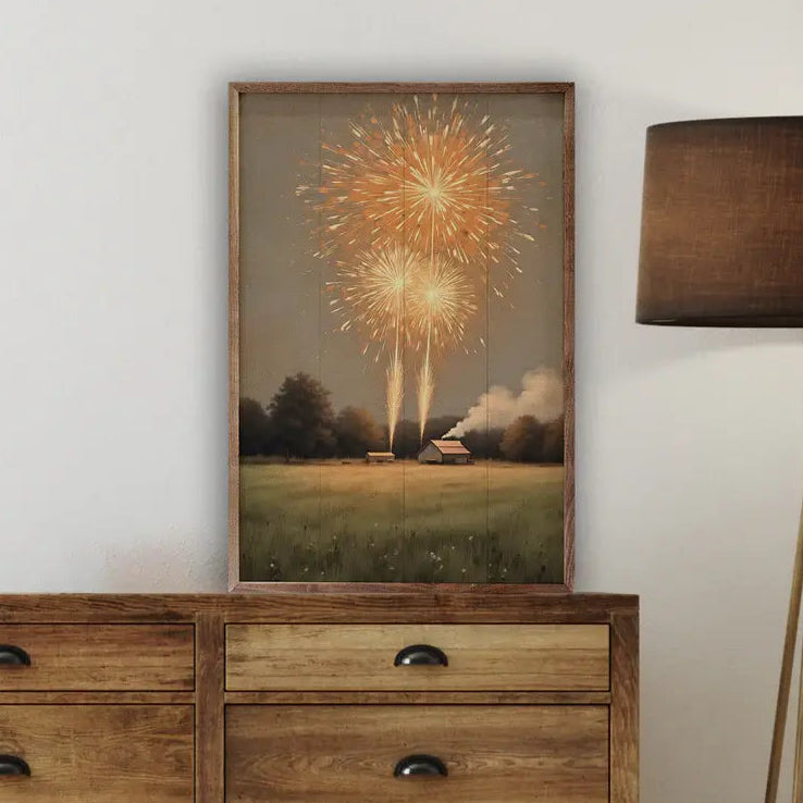 Farm Fireworks Wood Framed Wall Art Print - Rustic Home Decor for Living Room, Bedroom & Office