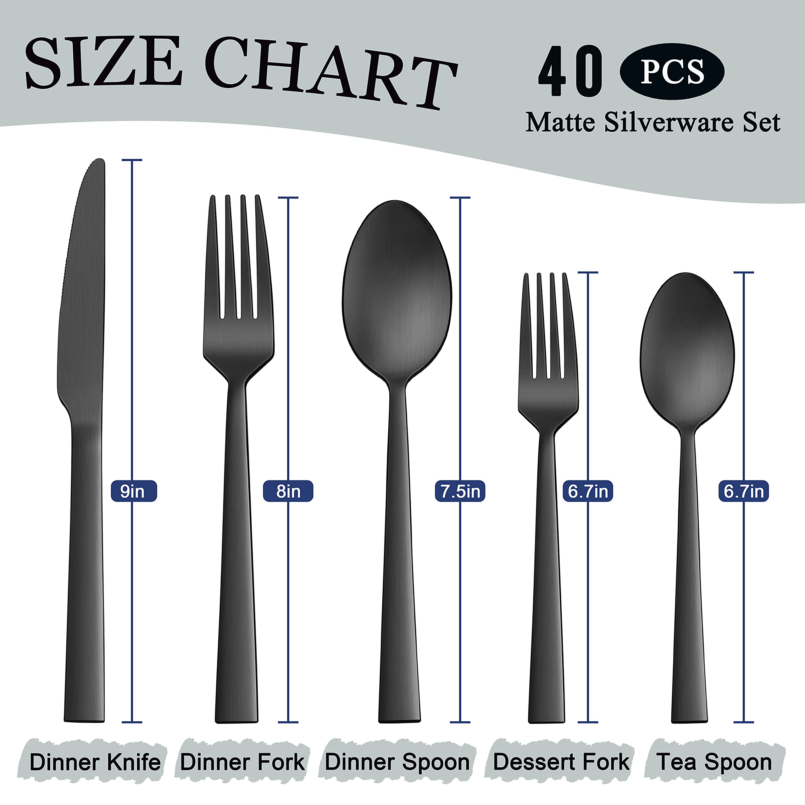 Herogo 40-Piece Matte Black Silverware Set for 8 - Premium Stainless Steel Flatware Cutlery Set with Knives, Spoons & Forks - Elegant Satin Finish, Dishwasher Safe - Perfect for Dining, Restaurants & Dinner Parties
