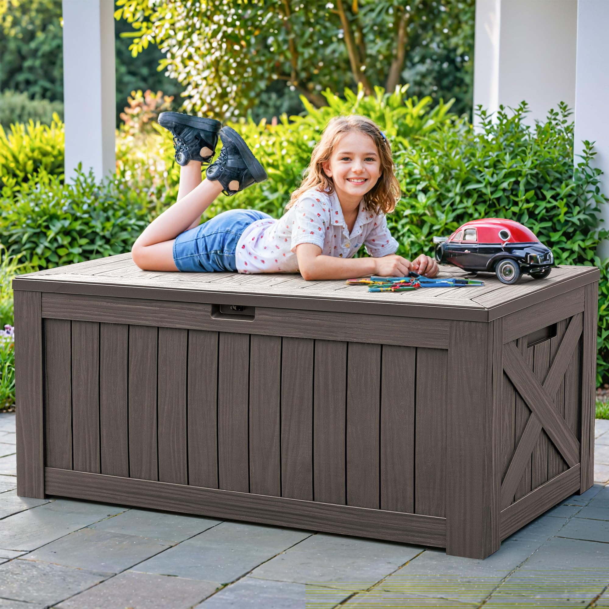 Flamaker 120 Gallon Waterproof Resin Deck Storage Box - Large Outdoor Indoor Deck Box with Wood Grain Finish for Patio Furniture, Garden Tools & Pool Accessories (Brown) | Perfect for Backyard, Deck, Poolside & Garage Organization