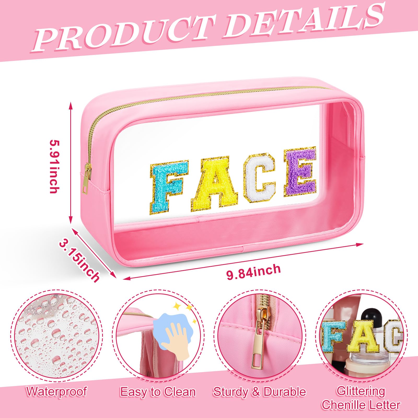 6 Pack Large Chenille Letter Cosmetic Bags - Preppy Patch PVC Nylon Makeup Pouch with Zipper | Glitter Clear Travel Toiletry Storage for Women | Perfect for Gym, Vacation & Daily Organizer